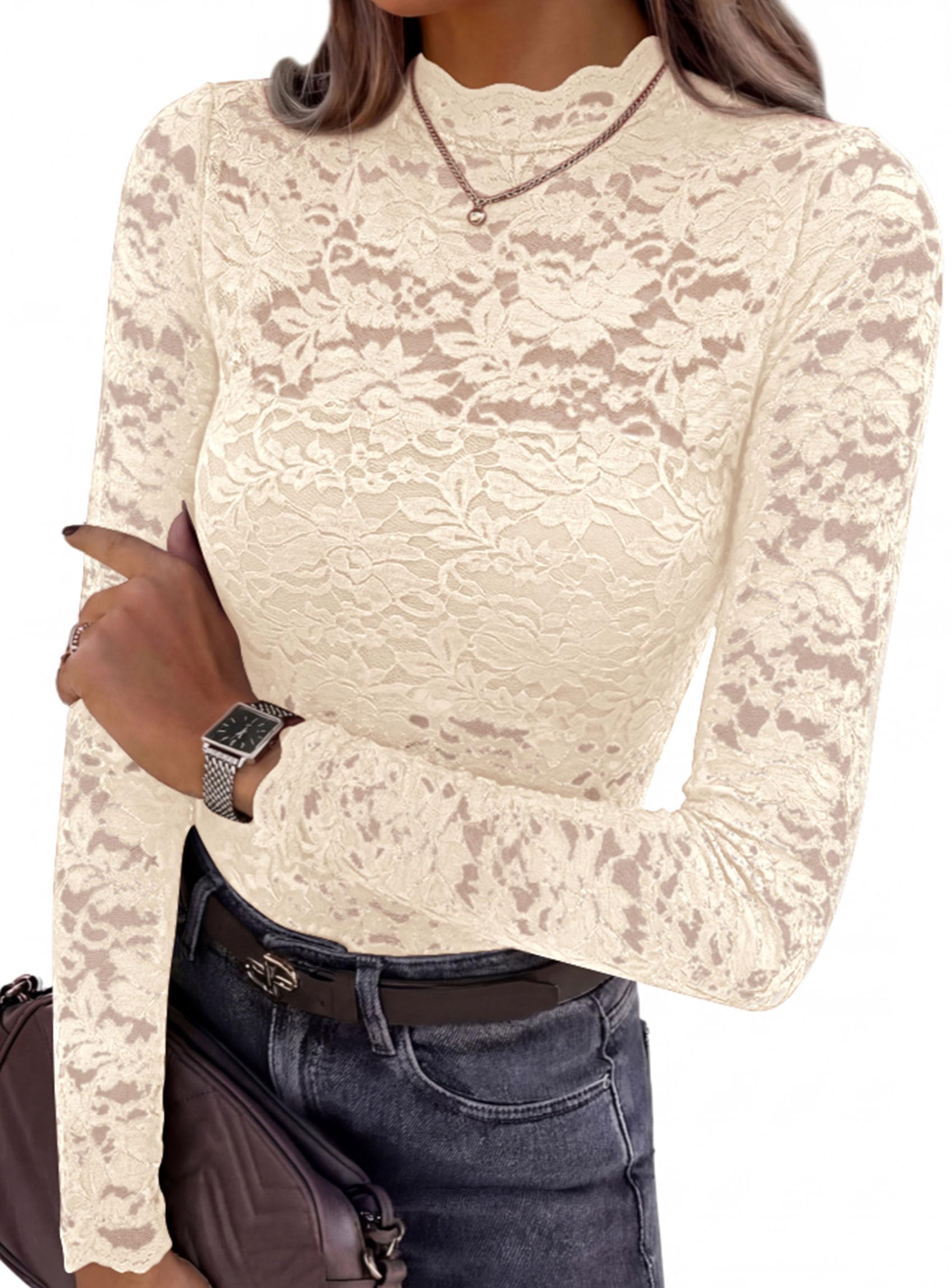 Womens Lace Long Sleeve Tops Sheer Mesh Blouse Apricot,L