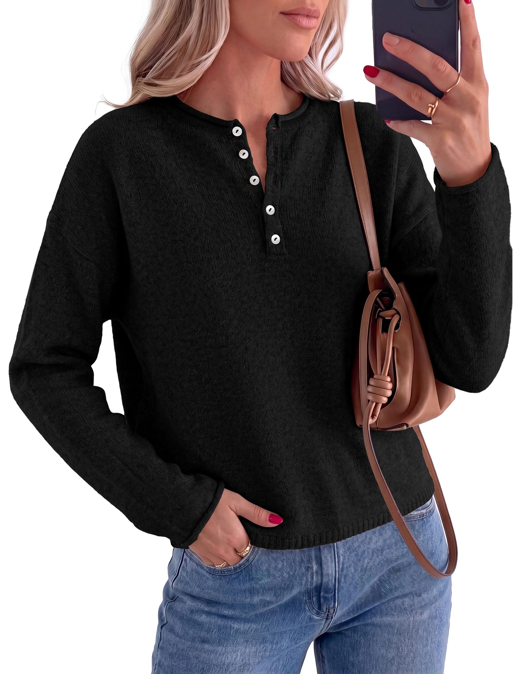 Women's Henley Cozy Sweaters Button Up Pullover Black S