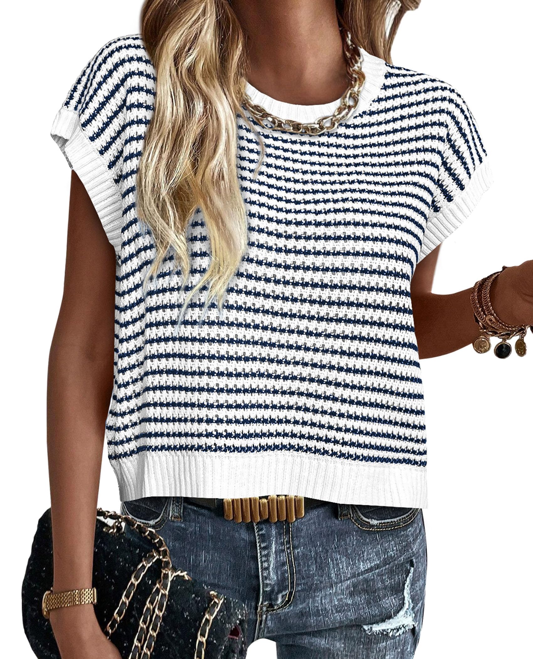 Women's Striped Short Sleeve Sweater Vest Striped White Navy,S
