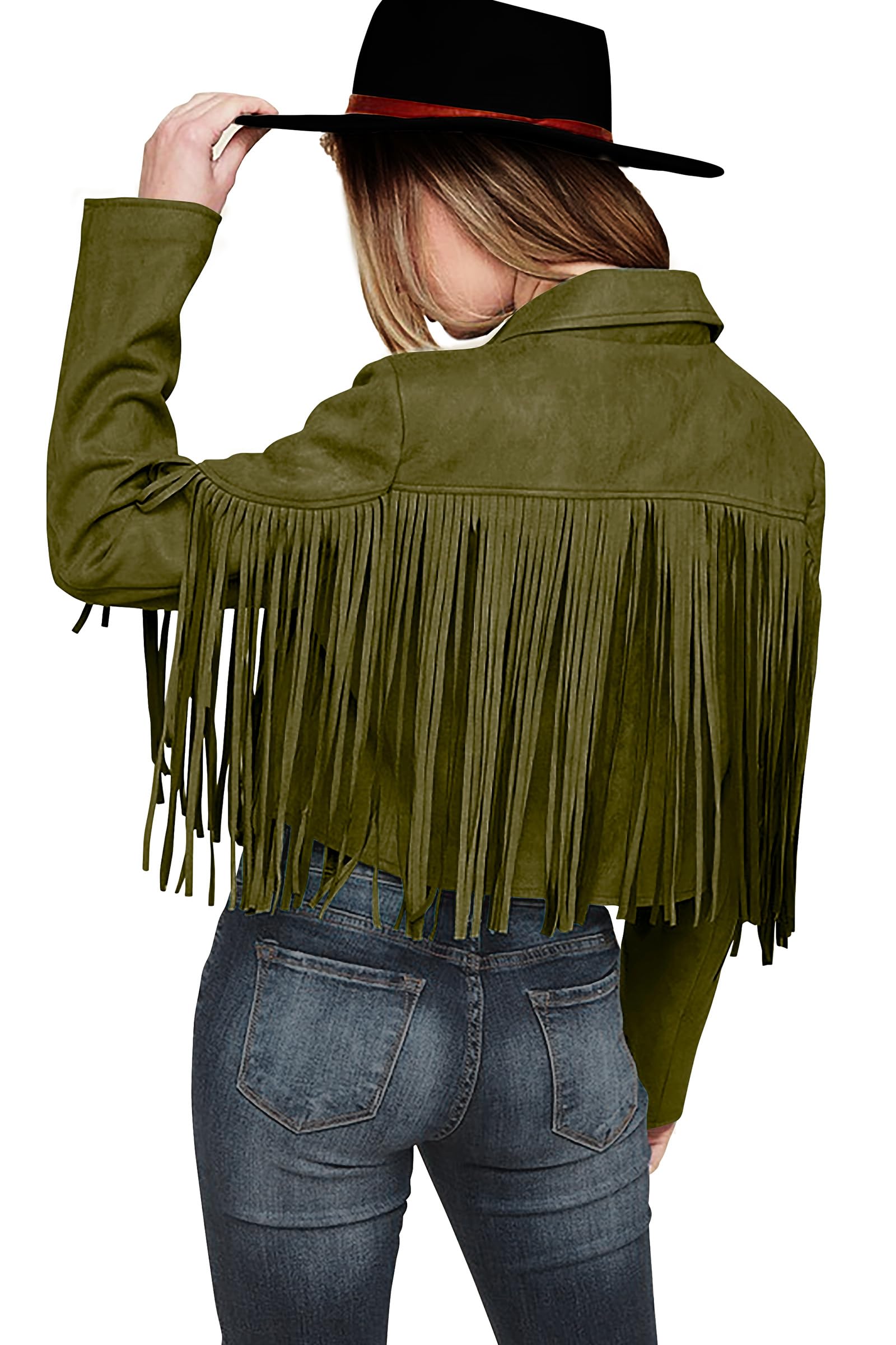 Women's Fringe Faux Suede Leather Jackets,Dark Army Green,S