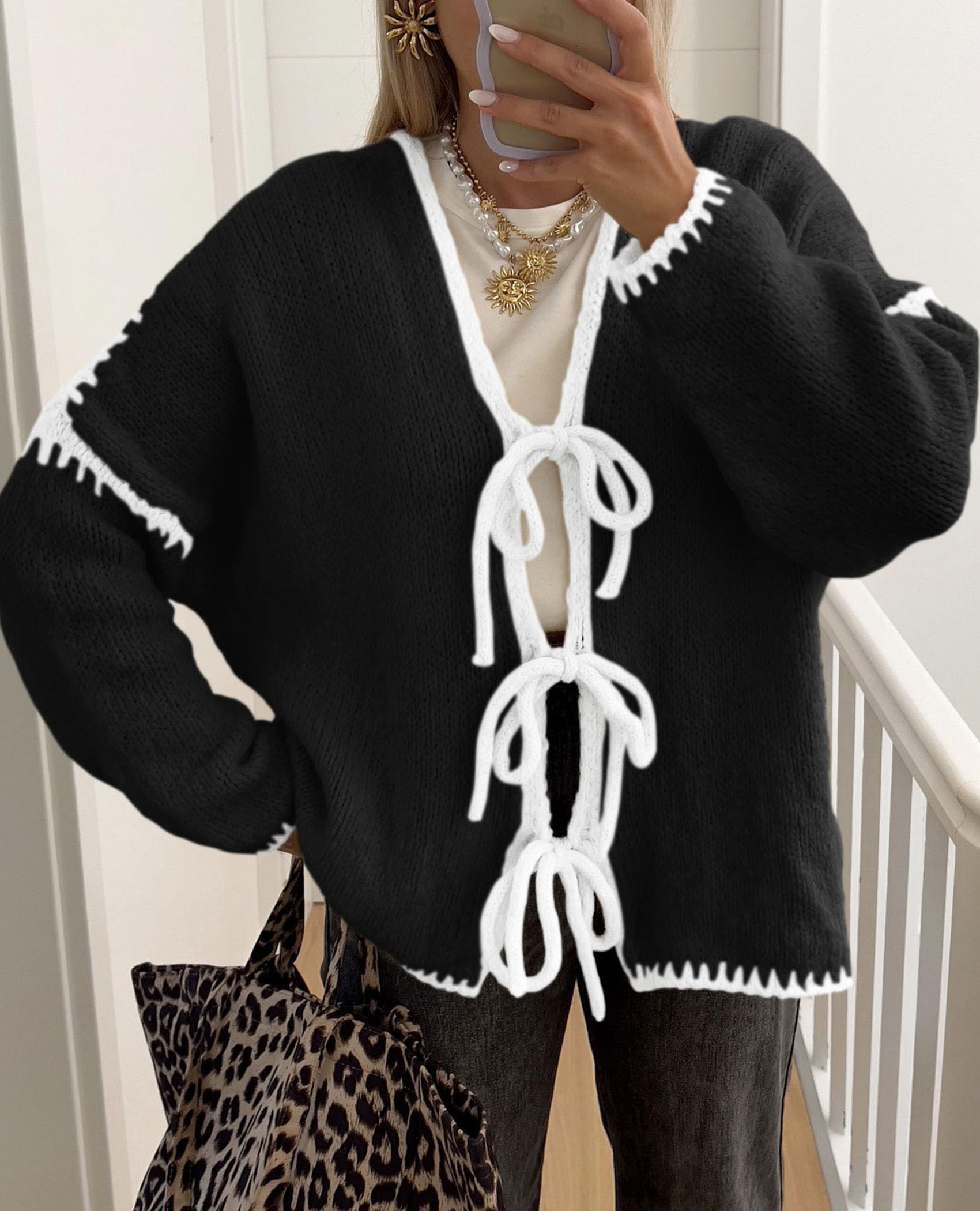 Women's Tie Front Bow Cardigan Sweaters(Black White,Small)