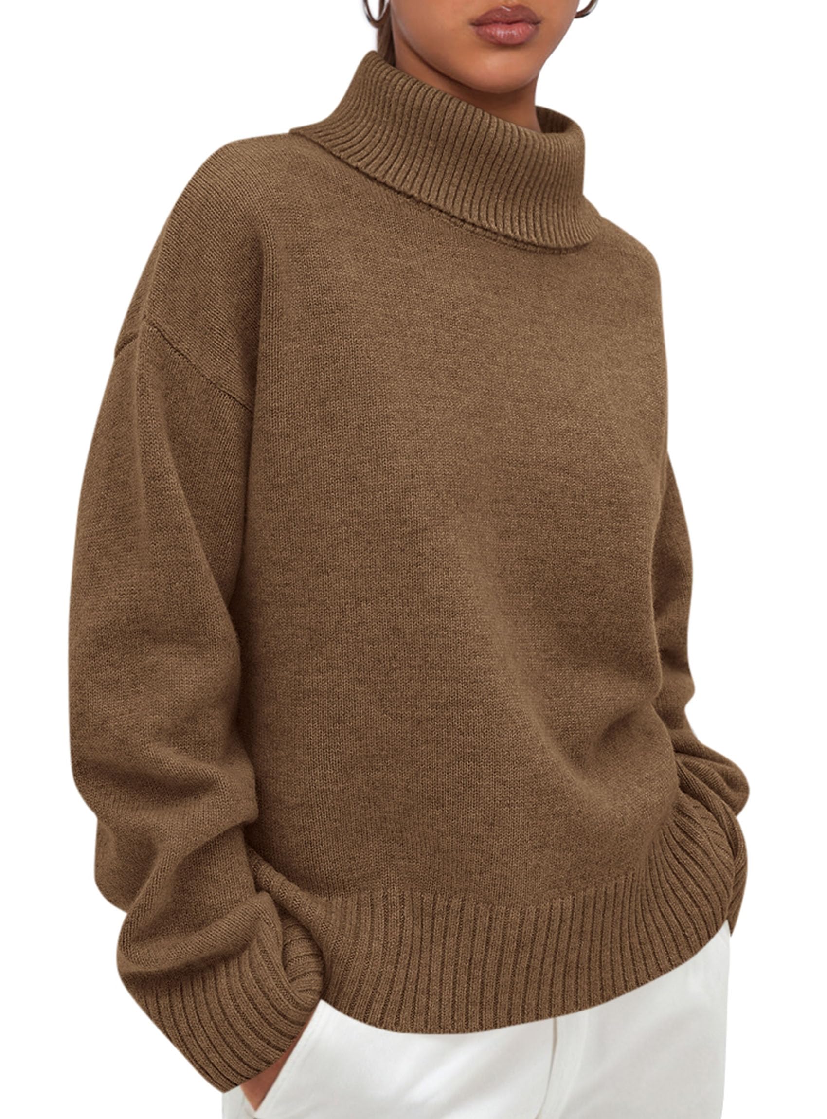 Womens Turtleneck Long Sleeve Knit Sweater,Light Brown,S