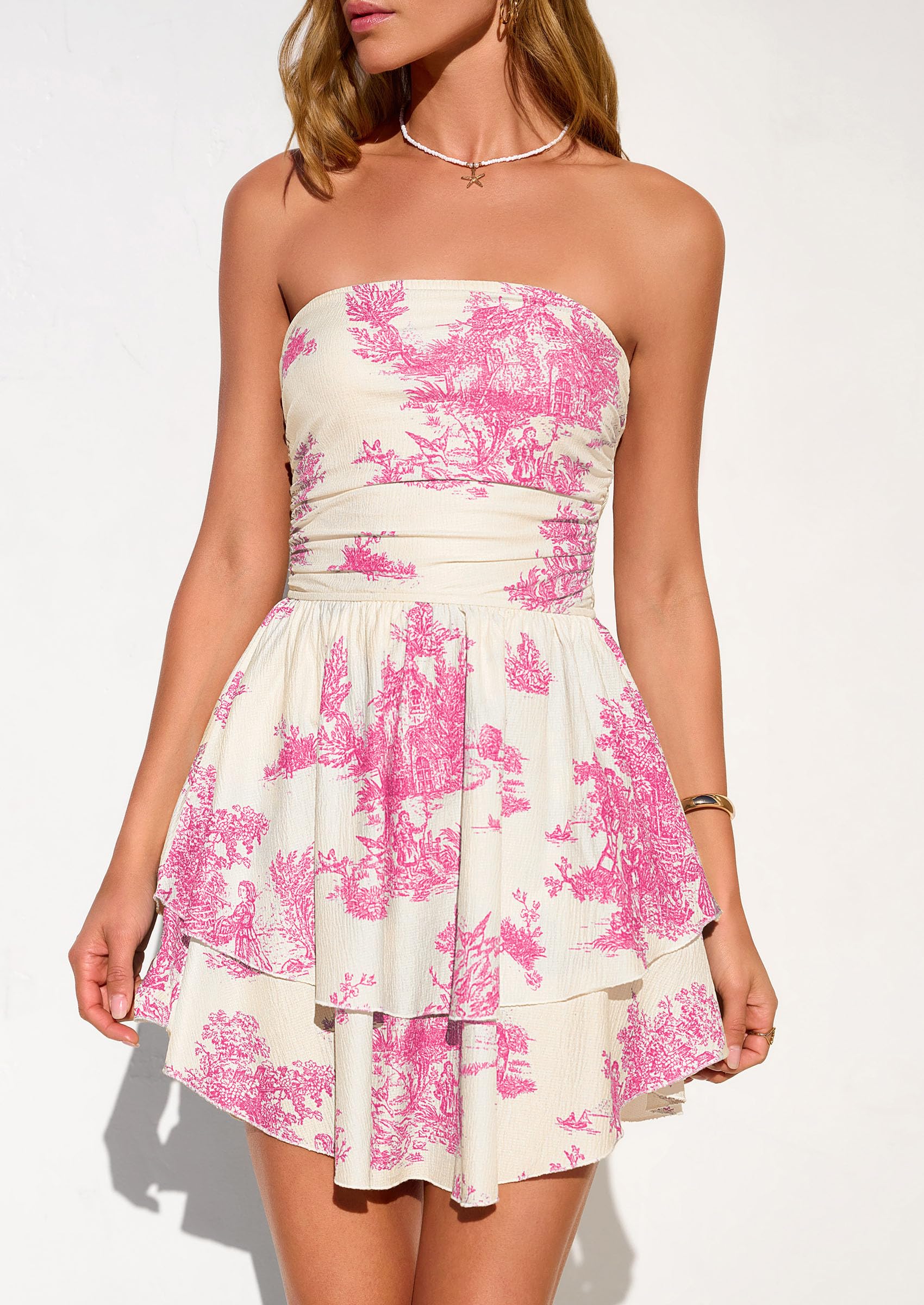Women's Summer Strapless Flowy Mini Dresses (Floral Pink,S)