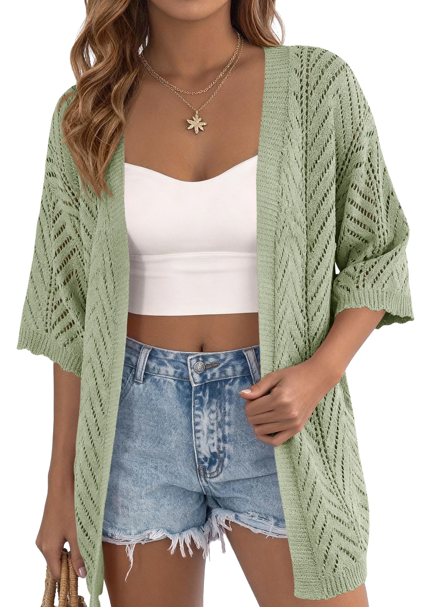 Women Lightweight Summer Short Sleeve Cardigan, Green,S