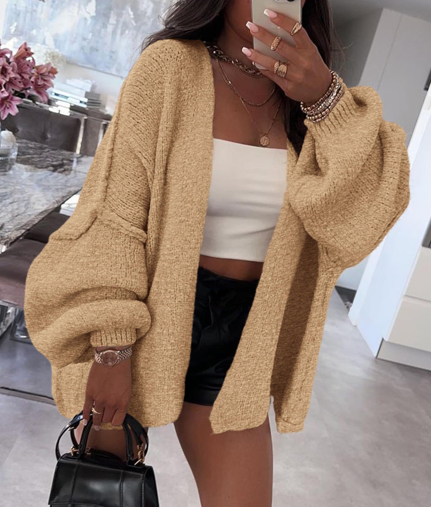 Womens Open Front Oversized Cardigan Sweaters,Camel,XS