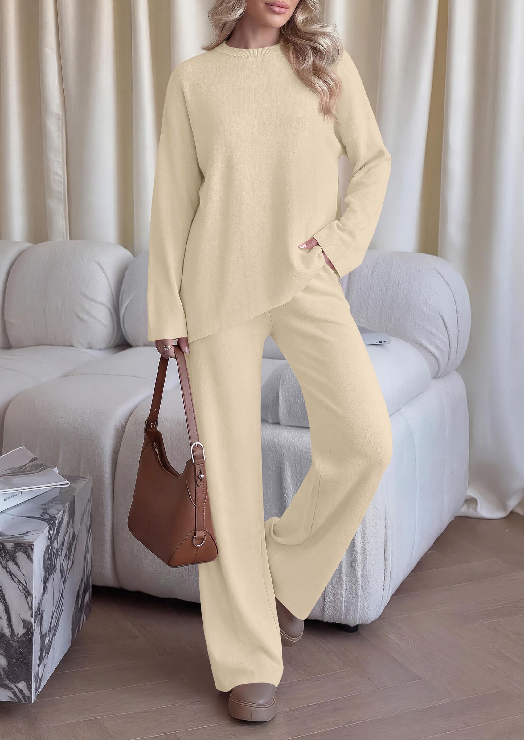 Womens Fall 2 Piece Asymmetric Cozy Sweater Travel Lounge Sets