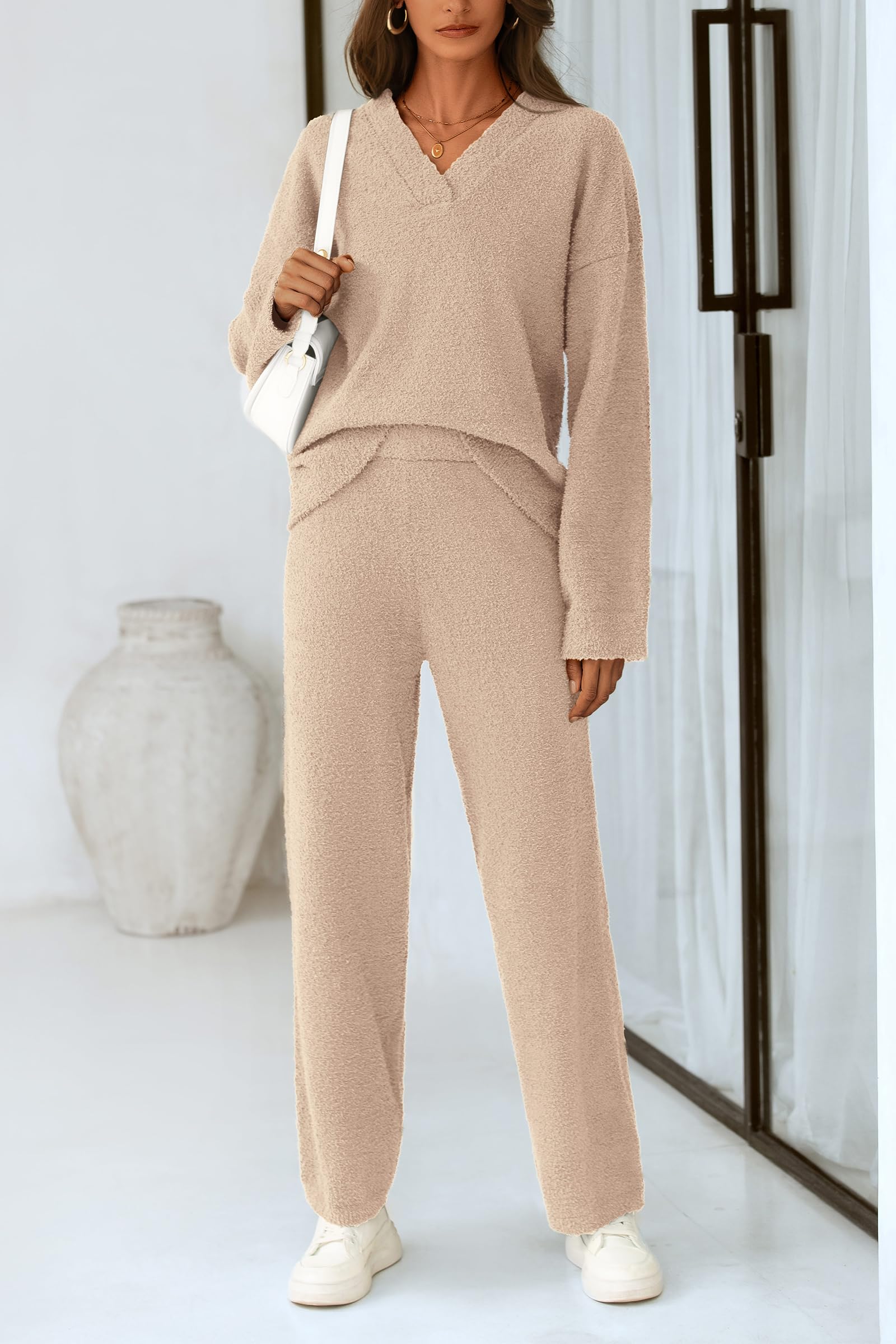 Lounge Sets for Women Fall 2 Piece Fuzzy Sweater Pajama Set