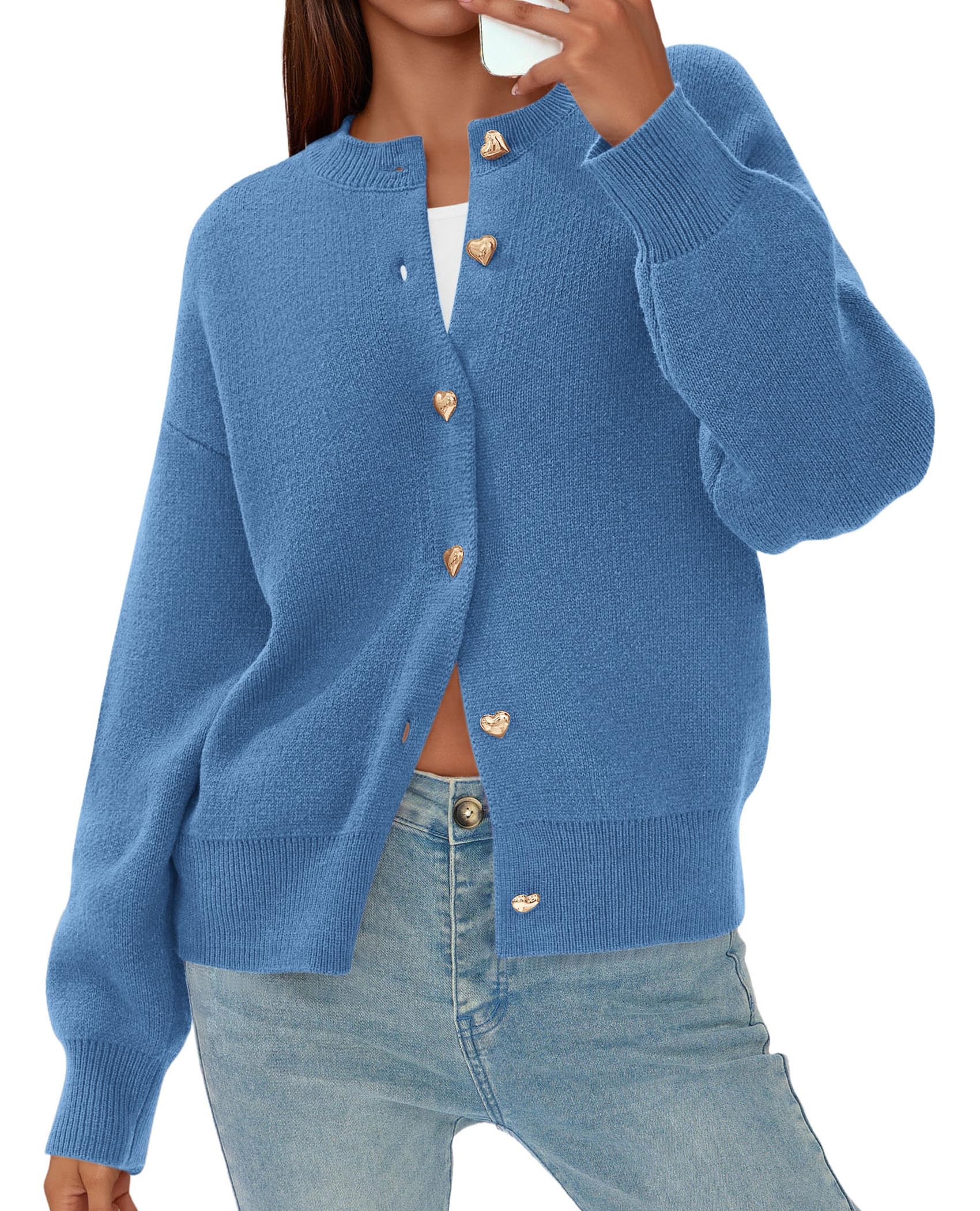 Women's Long Sleeve Button Up Cardigan,Grey Blue,XL