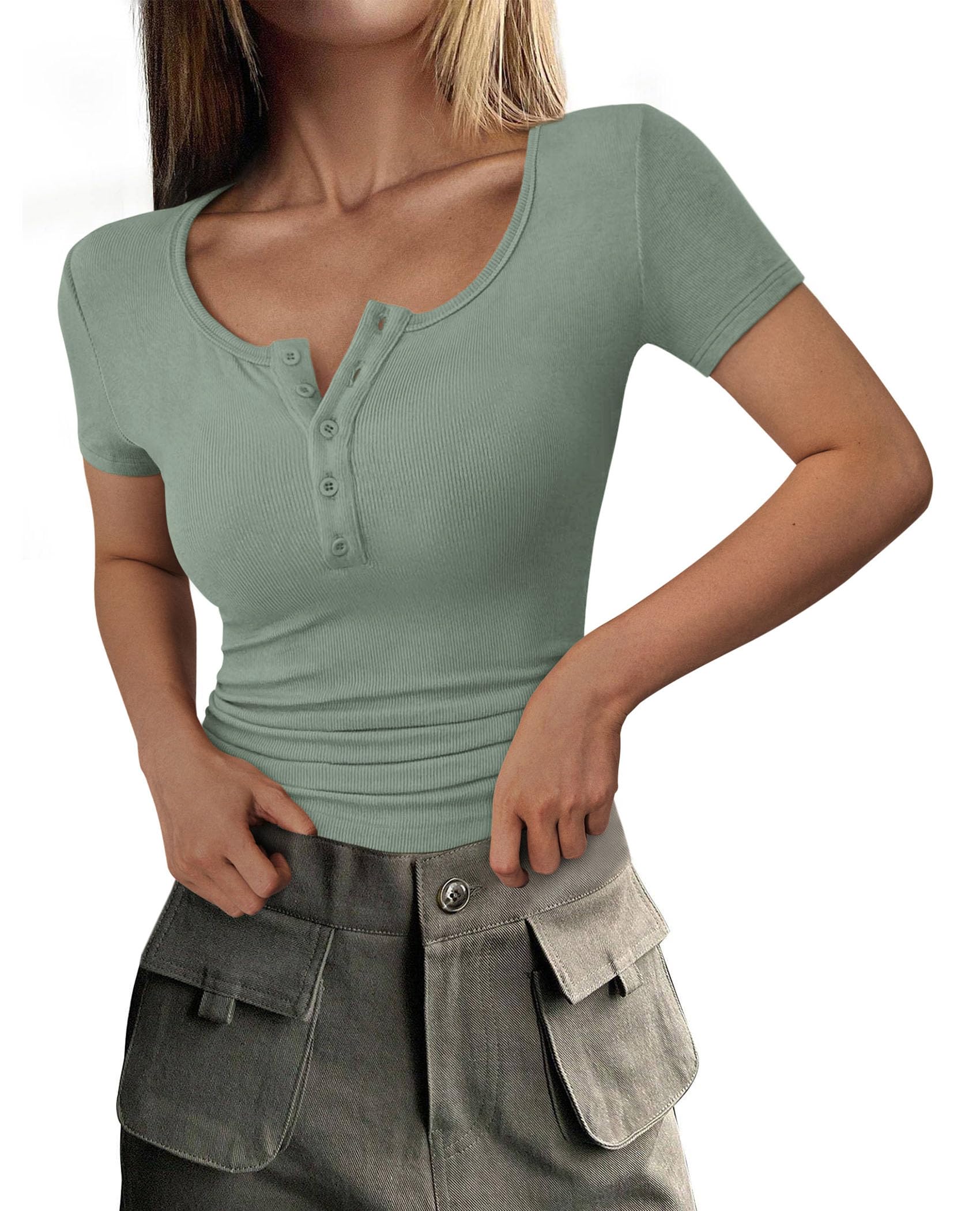 Women's Summer Tops Henley Tee Shirts (Light Green,X-Small)