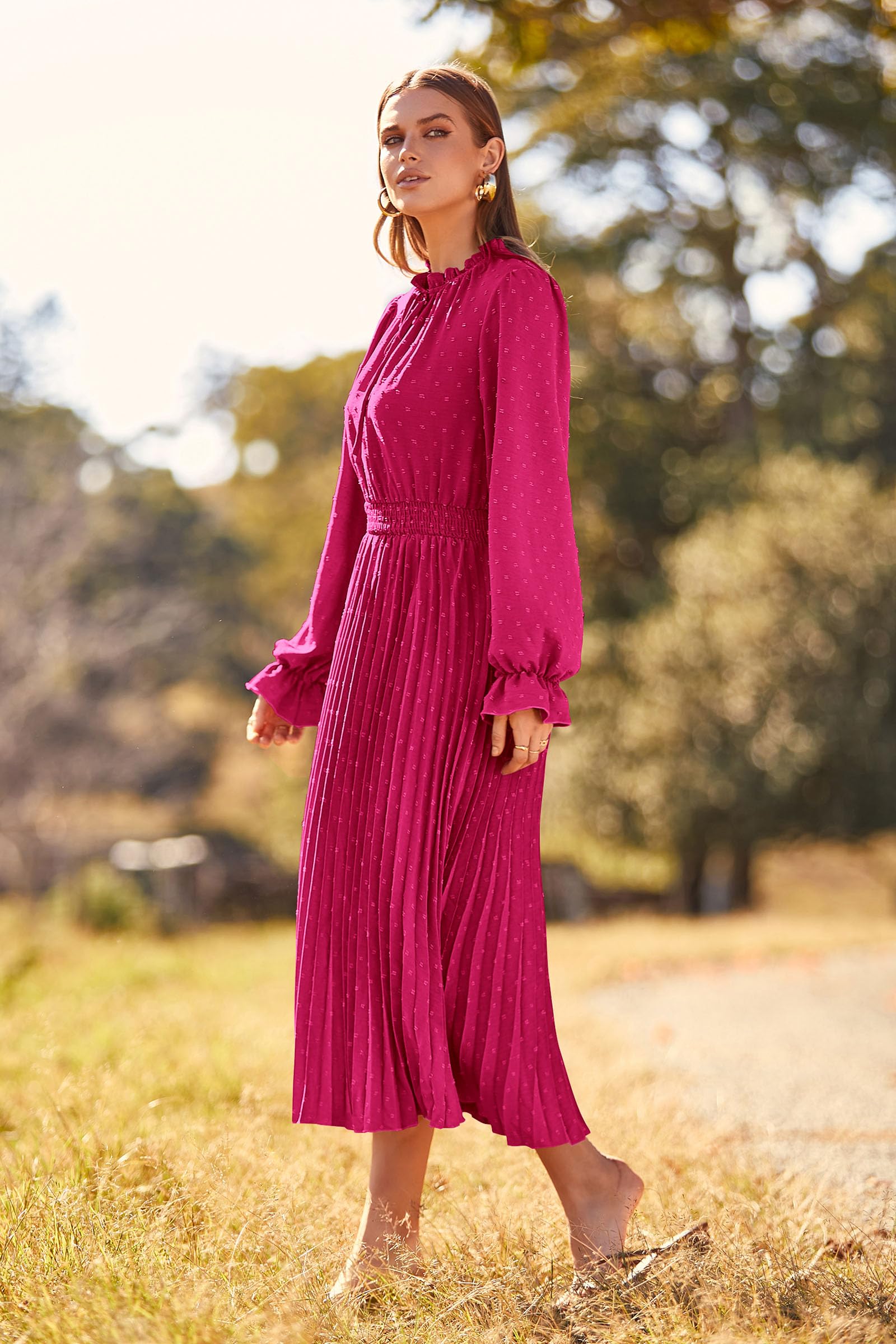Women's Fall Midi Wedding Guest Dress(Rose Red,Small)