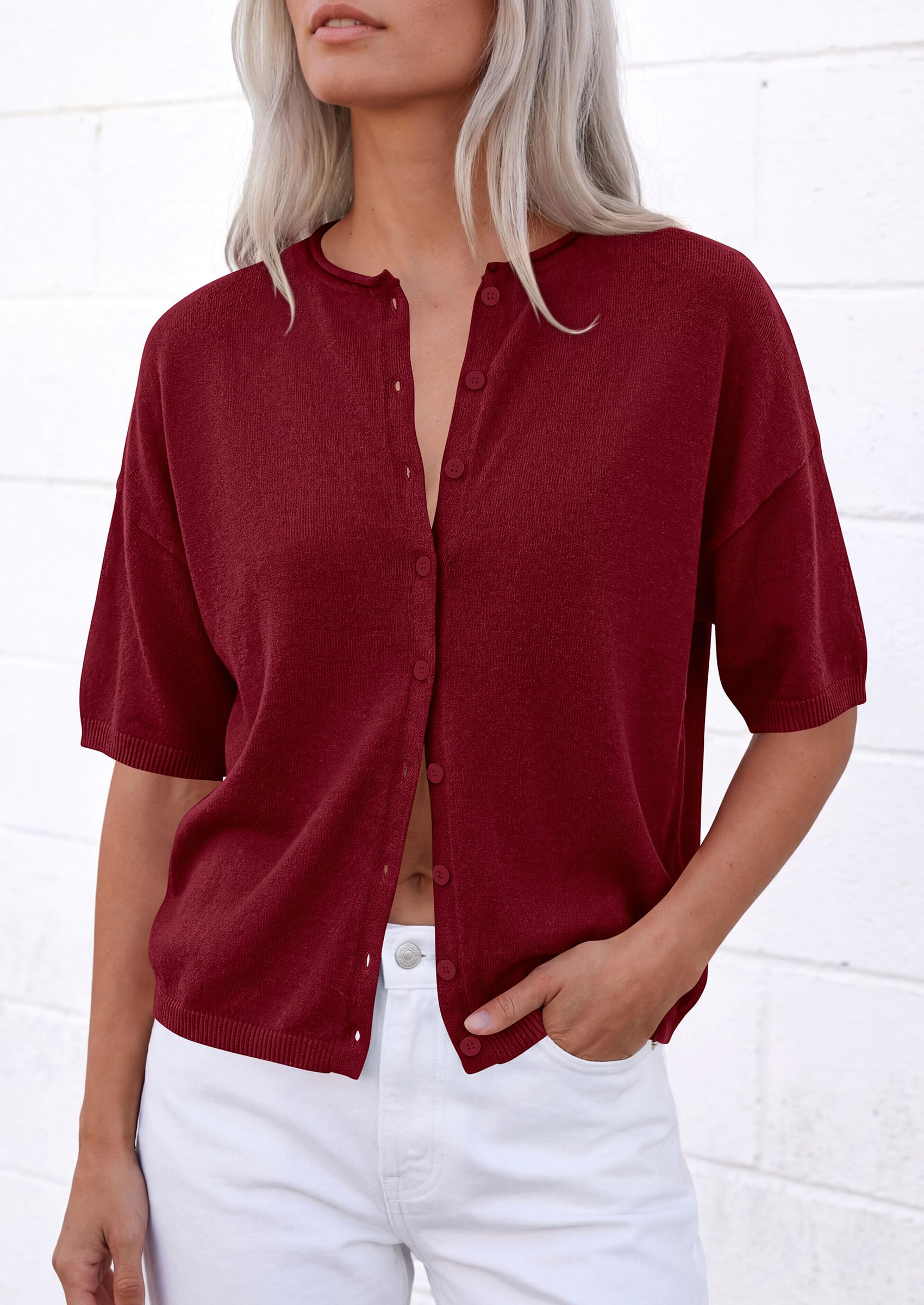 Women's Short Sleeve Cardigan Sweaters (Burgundy,Small)