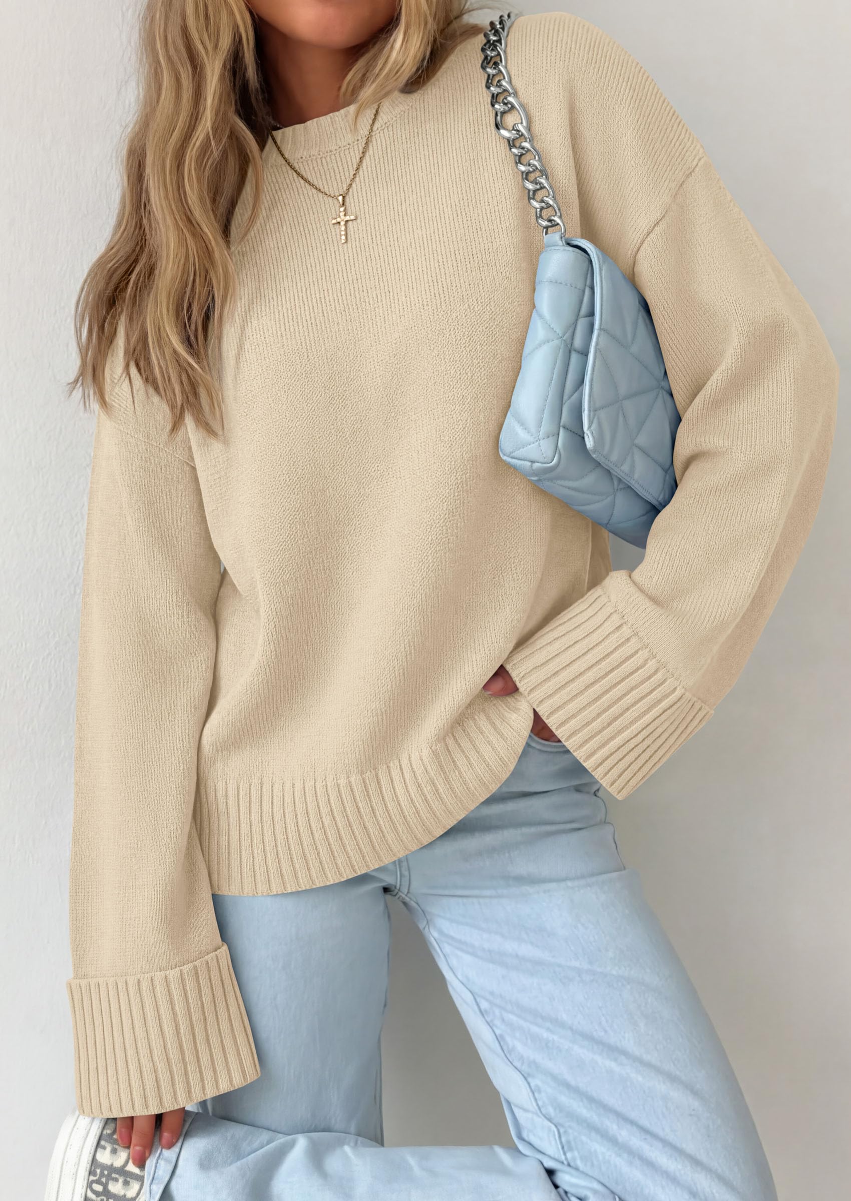 Oversized Sweater Women's Crewneck Long Sleeve Tops Beige