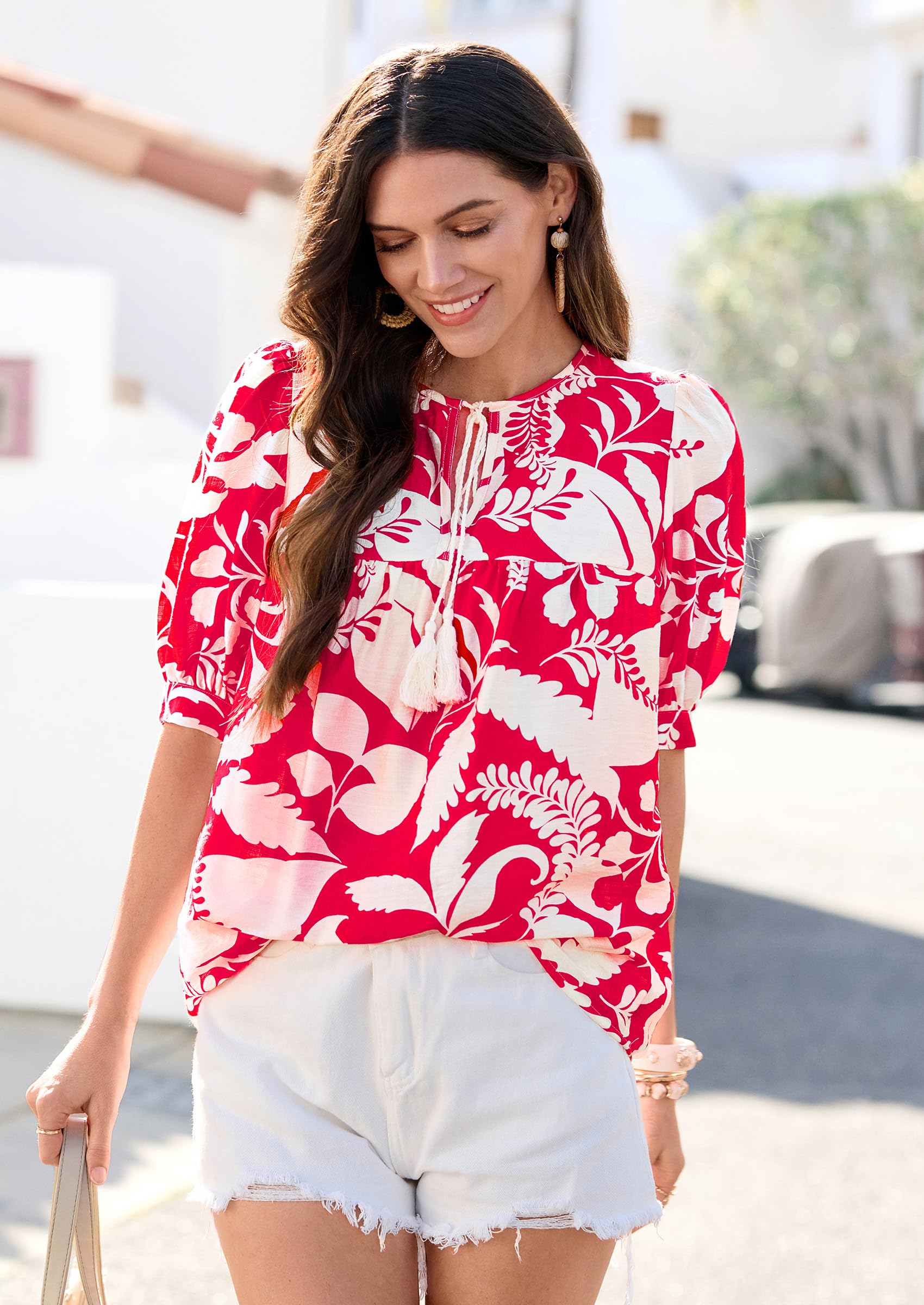 Womens Summer Boho Blouses Dressy Casual Red Flower,S
