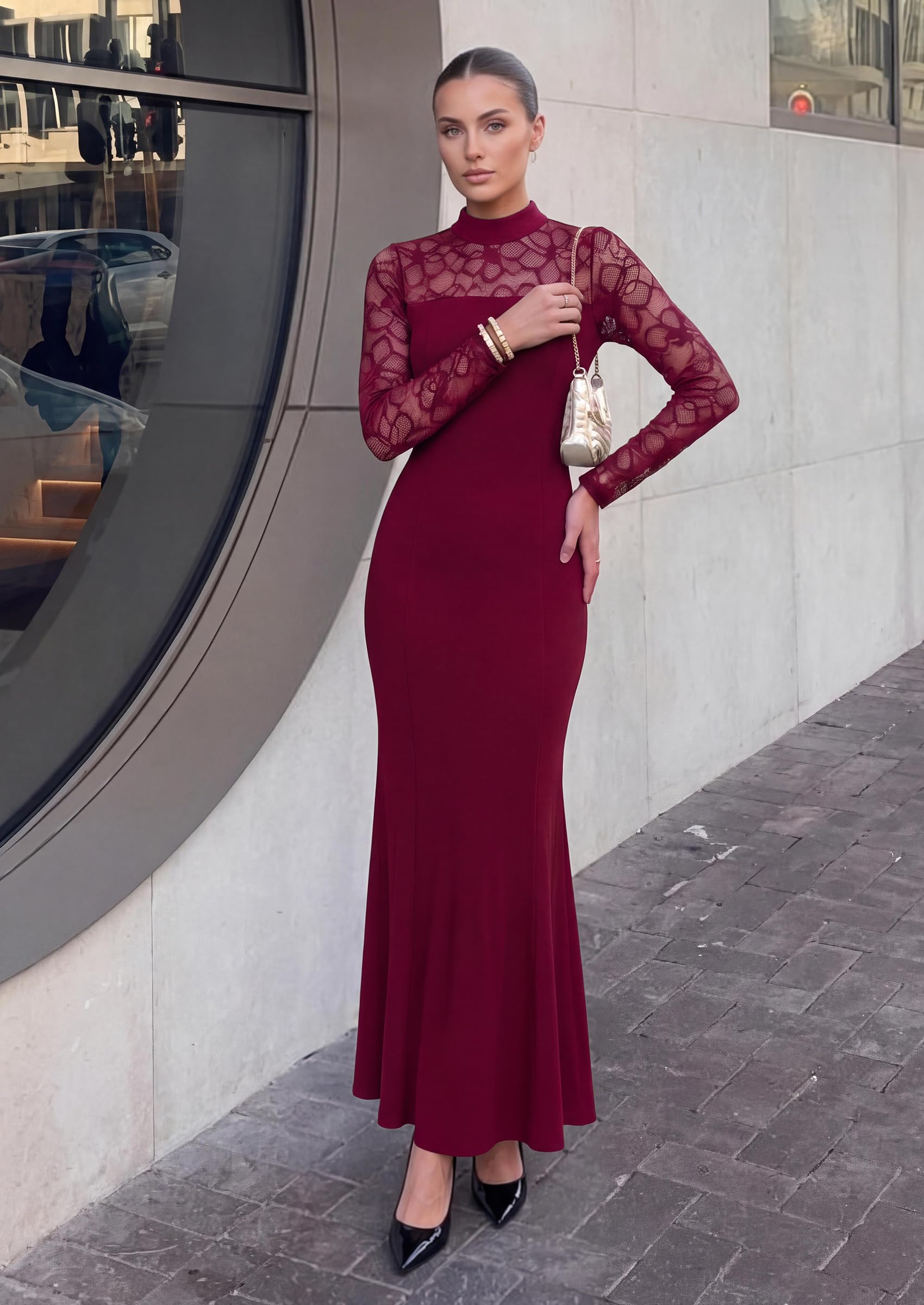 Women's Fall Lace Sheer Dress Bodycon Maxi Cocktail Dresses