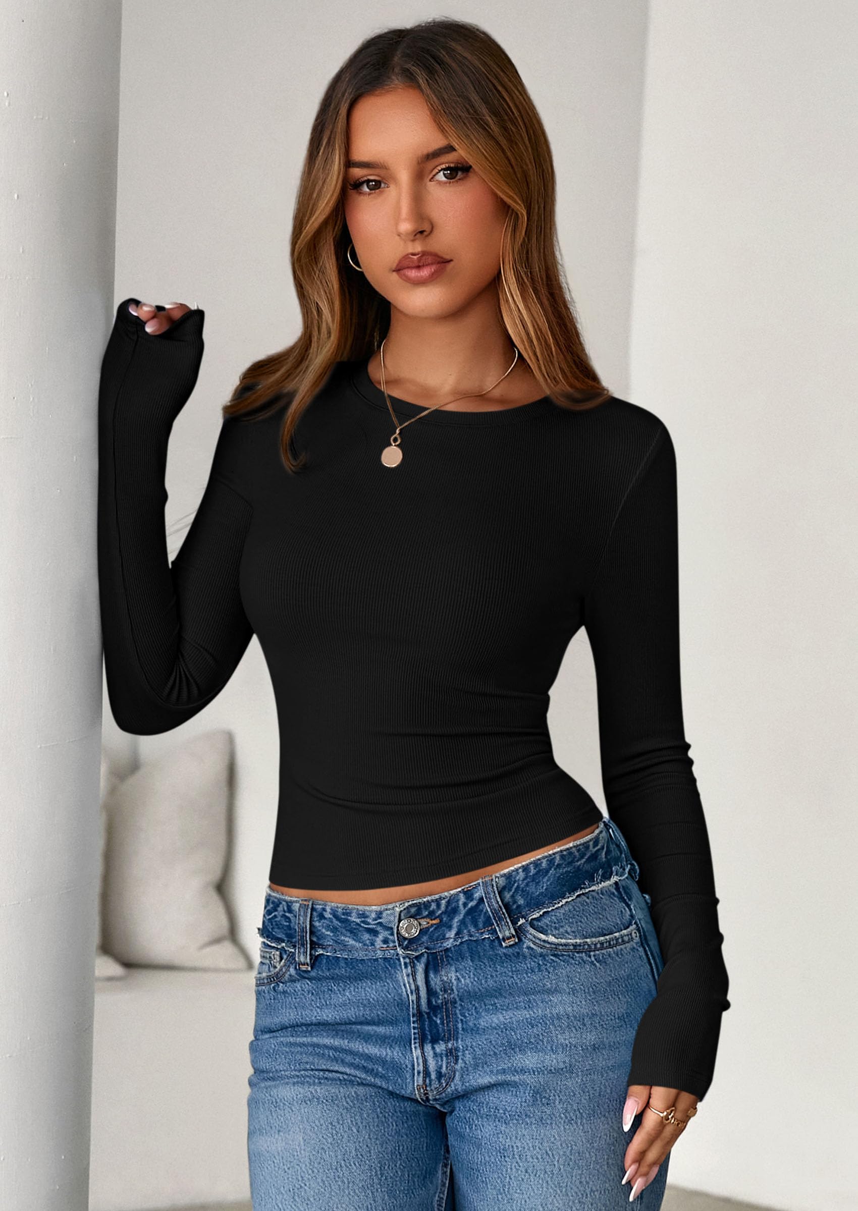 Women's Fall Long Sleeve Shirts Basic Tees (Black,XS)
