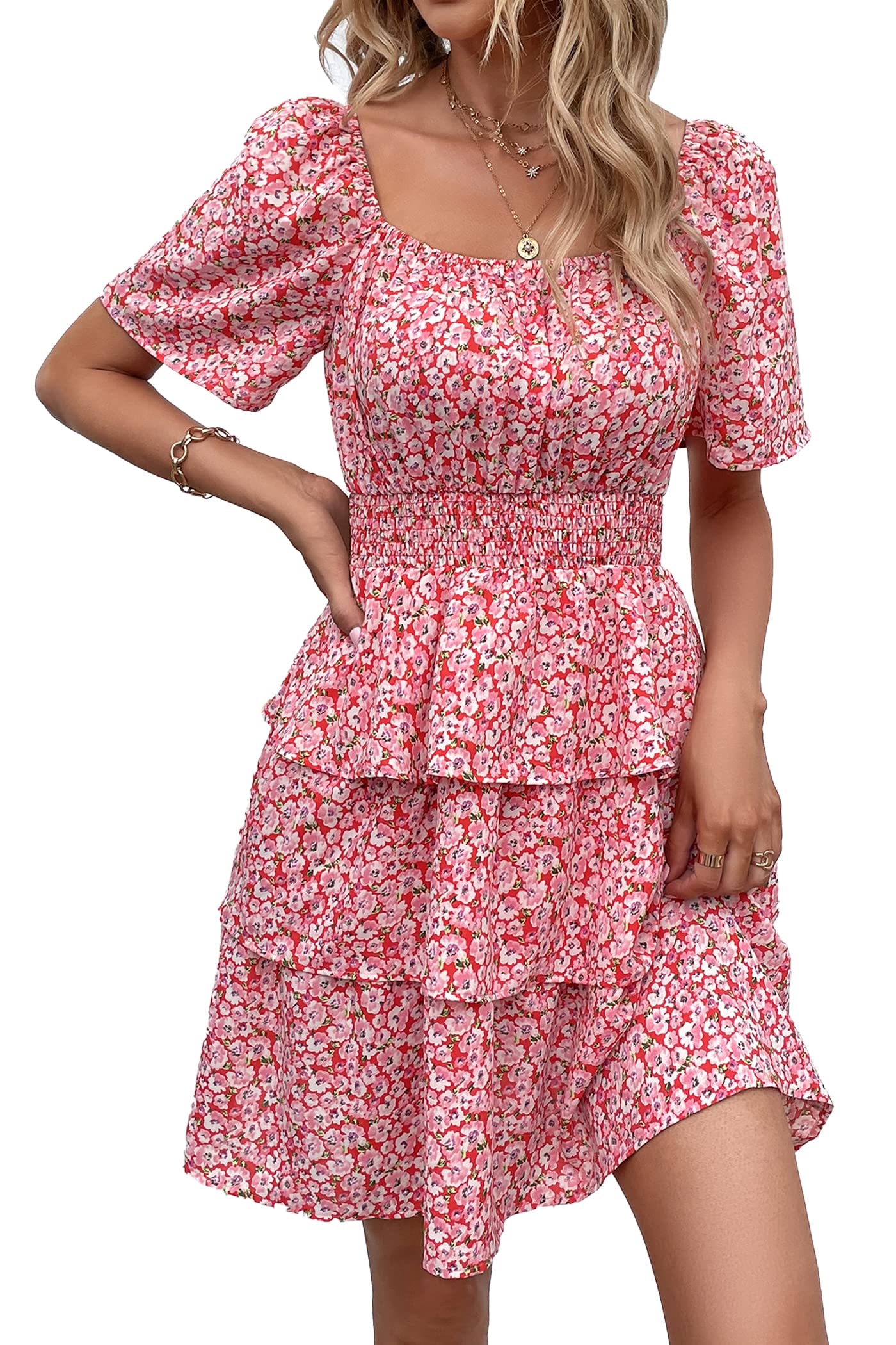 Women's 2025 Floral Summer Short Dress Square Neck Short Sleeve Tiered Ruffle Boho Swing Dresses (Red Pink Floral,Small)