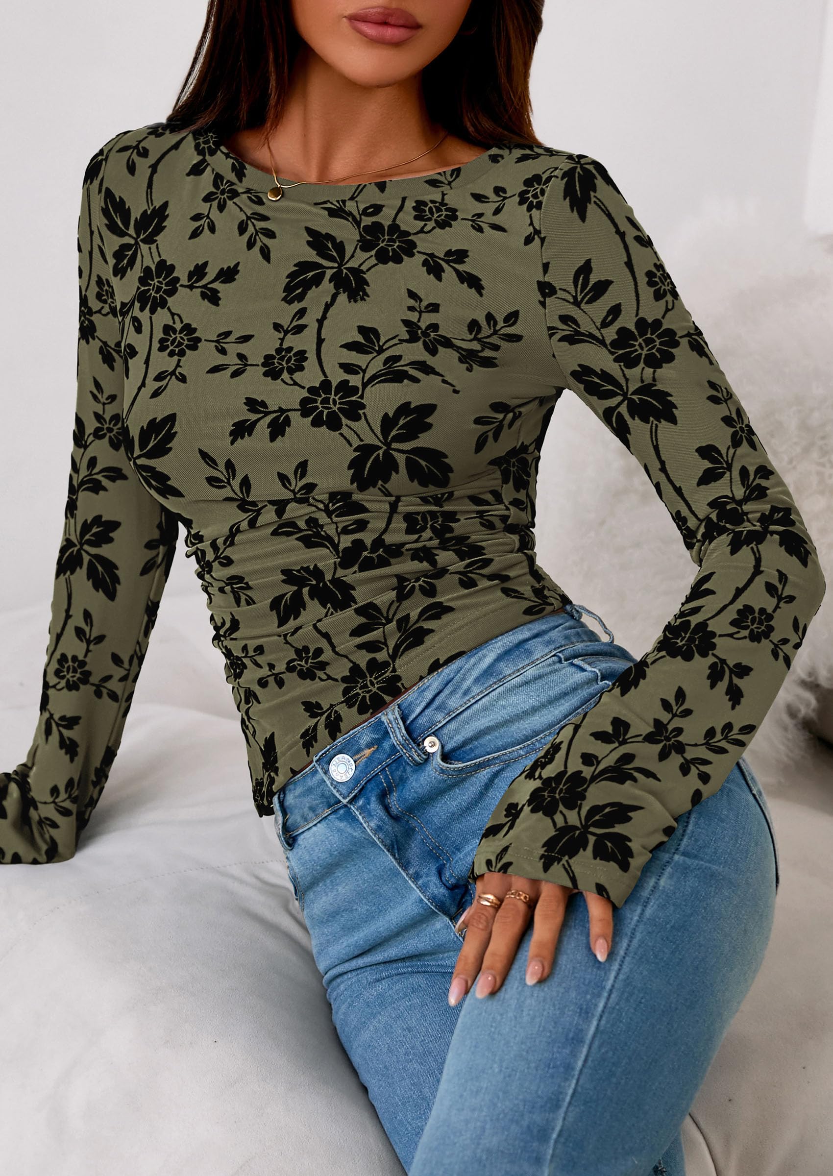 Women's Long Bell Sleeve Y2K Tops Boho Floral Mesh Blouses