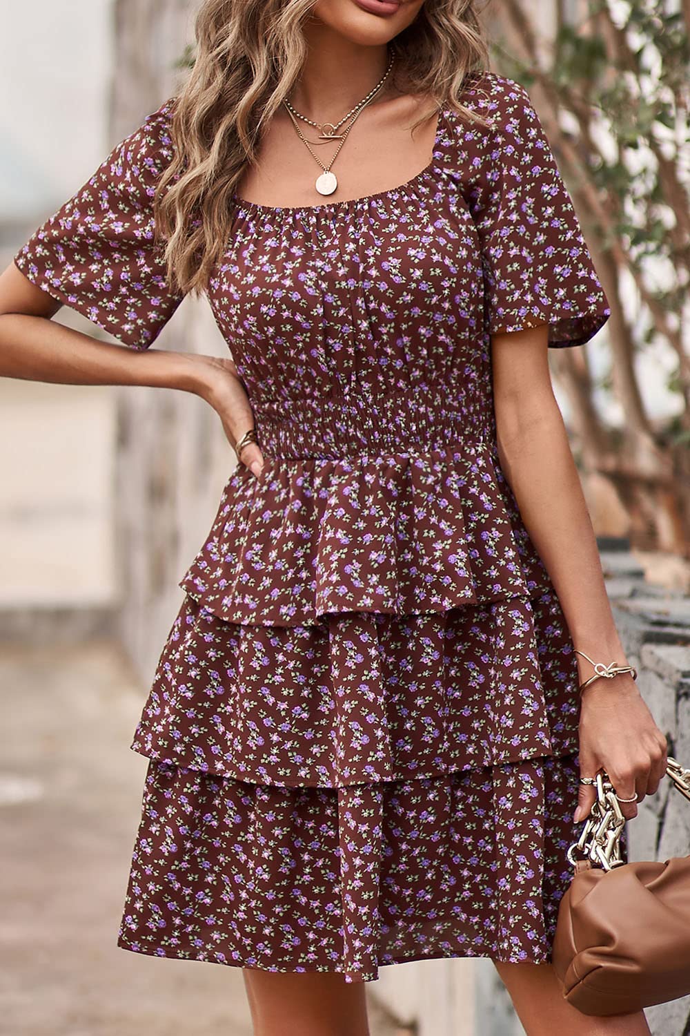 Women's Summer Floral Ruffle Short Dress Coffee,S