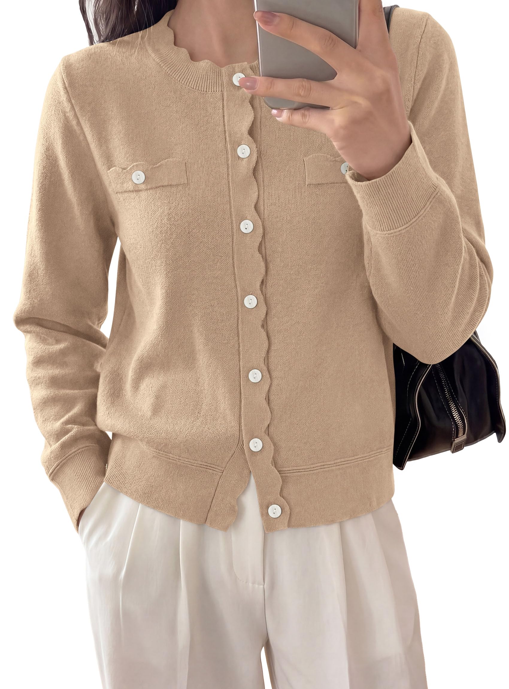 Womens Lightweight Cardigan Sweaters Scalloped Trim Fall Tops