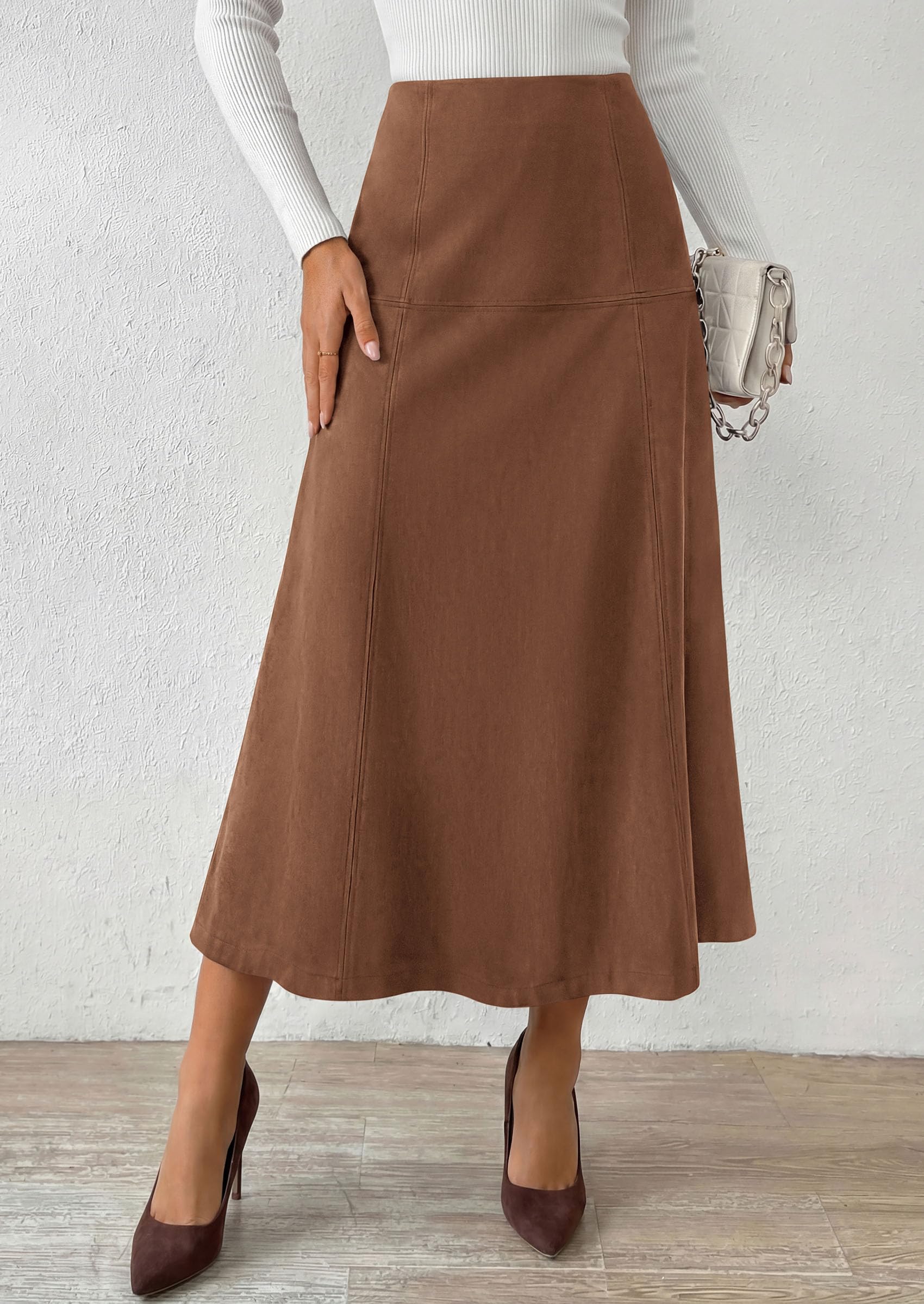 Womens High Waist Faux Suede A Line Midi Skirt,Brown,S