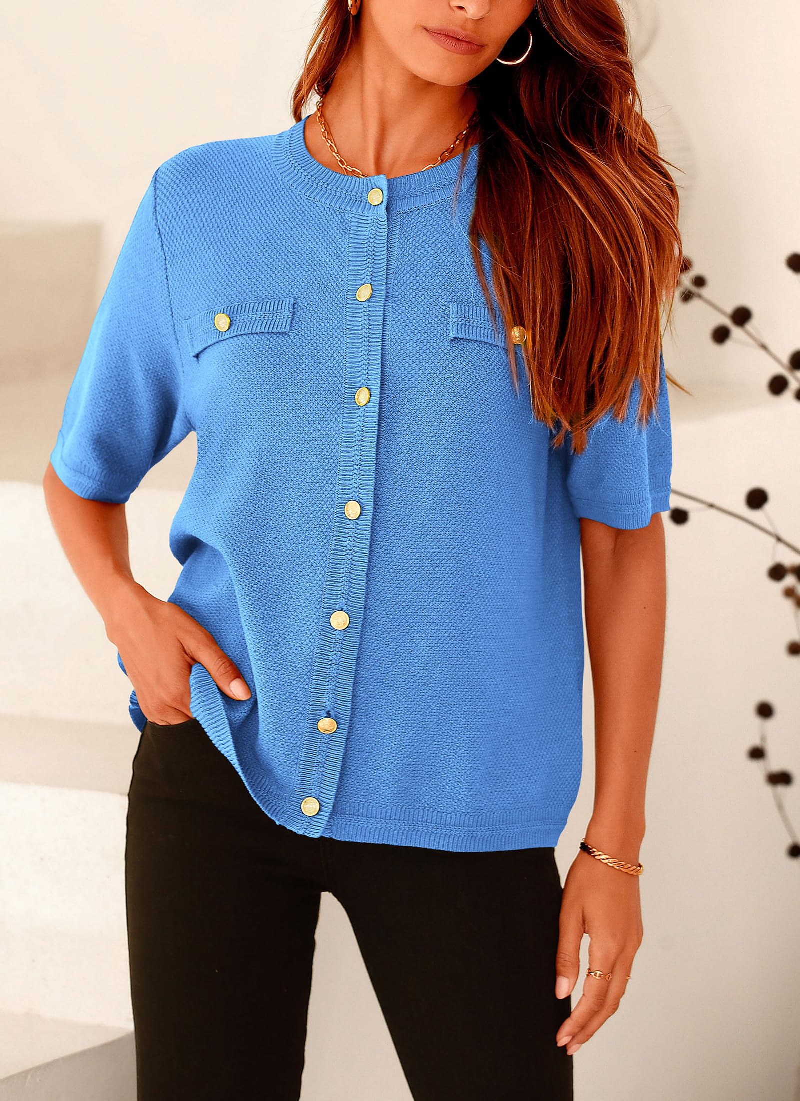 Women's Summer Casual Button Down Shirts Blue,Small