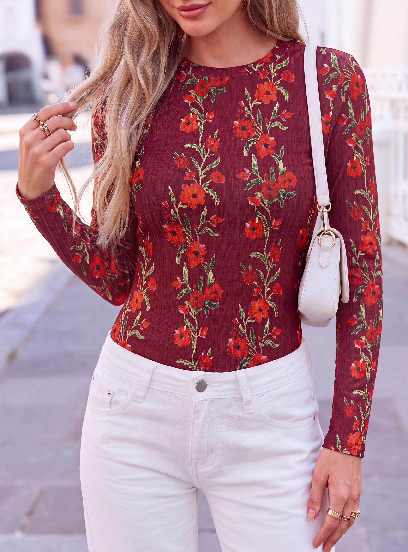 Womens Long Sleeve Shirts Floral Y2K Tops,Wine Red,XS
