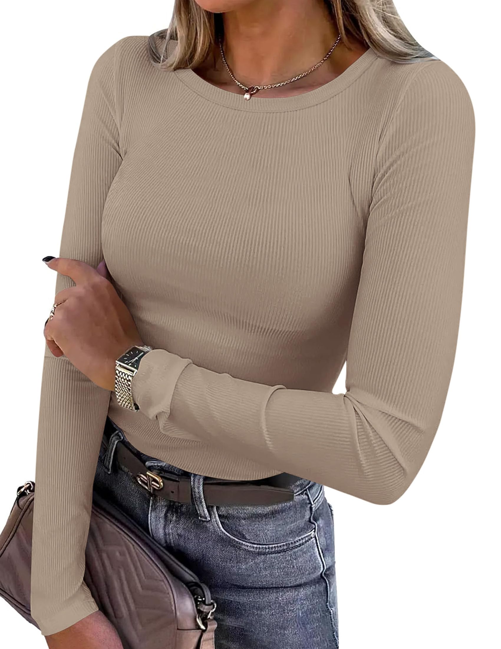 Women's Fall Long Sleeve Shirts Basic Tees (Light Khaki,S)