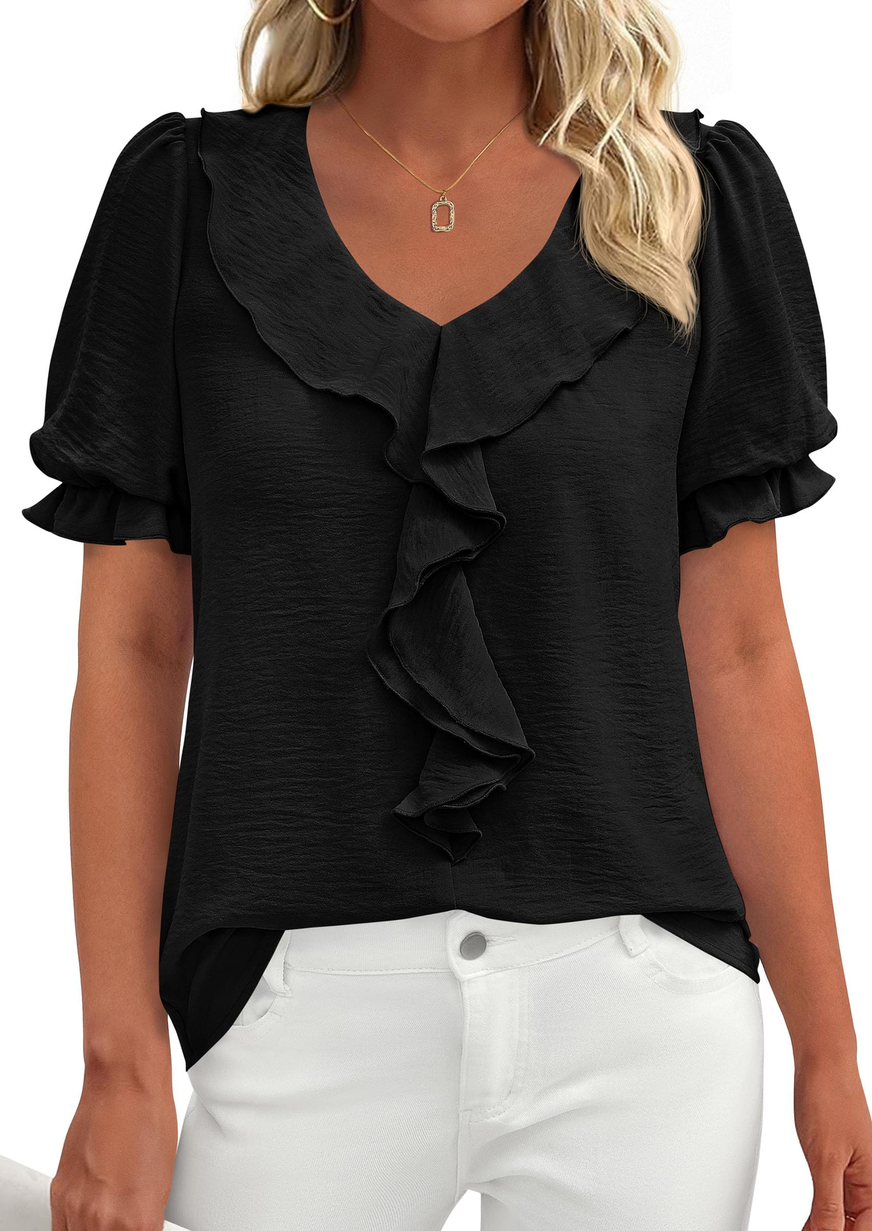 Women's Summer Ruffle Dressy Casual Blouses (Black,S)