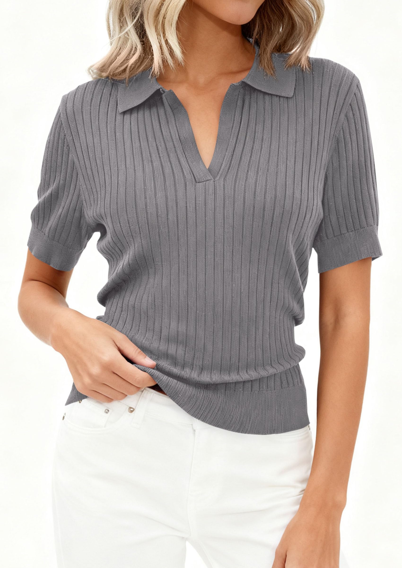 Women's Short Sleeve Sweater Polo Shirts,Grey,XS
