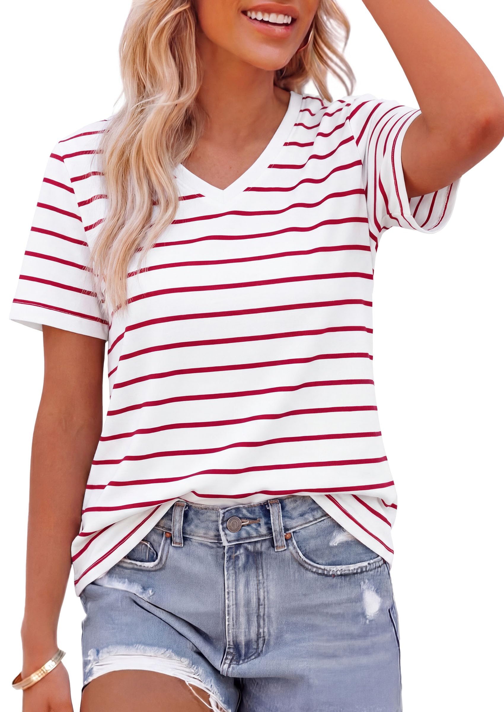Striped Short Sleeve Womens Tops,Striped White Red,S