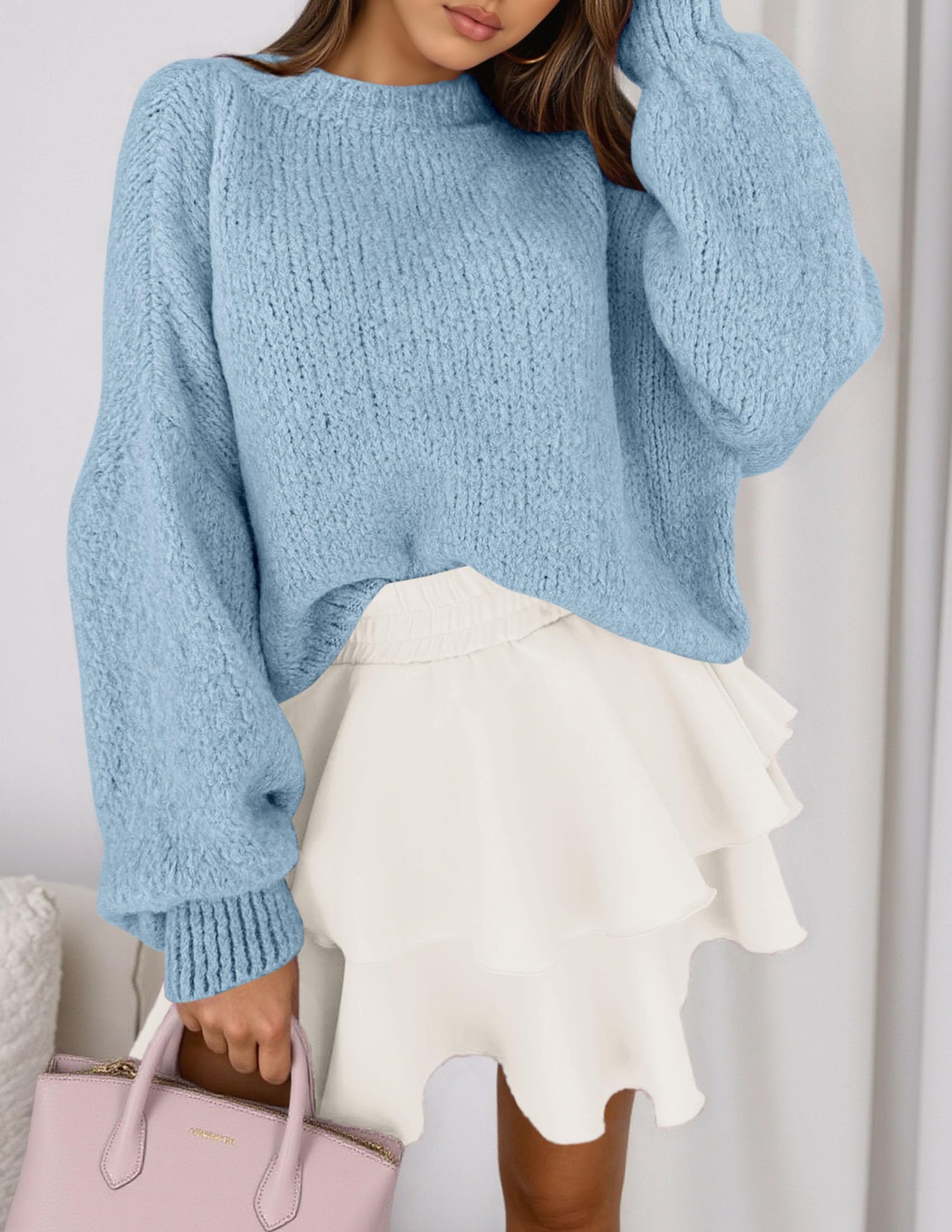 Women's Chunky Knit Oversized Pullover Sweaters,Light Blue,S