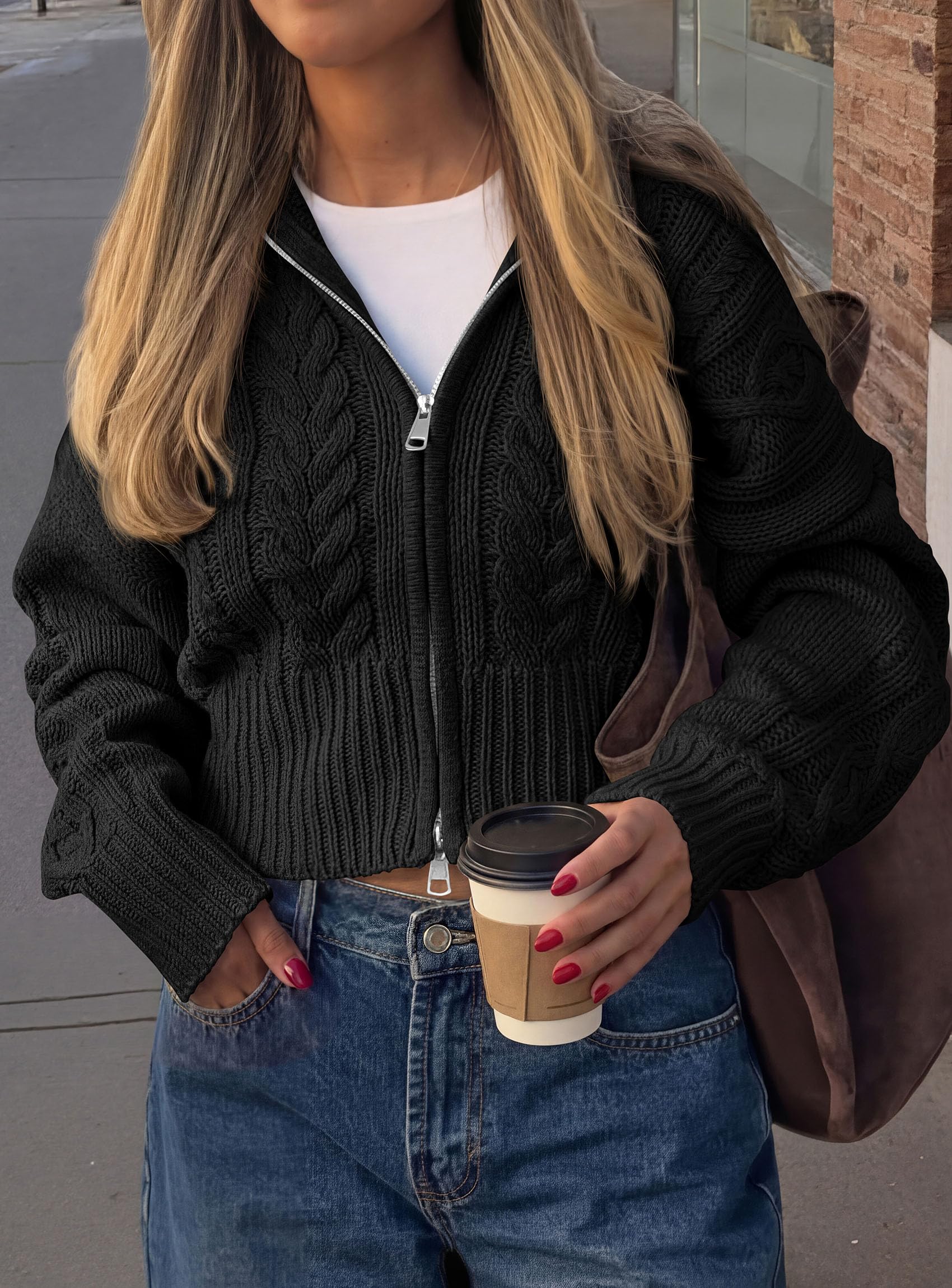 Women's Zip Up Cardigan Sweaters Cropped Jackets Fall Outfits