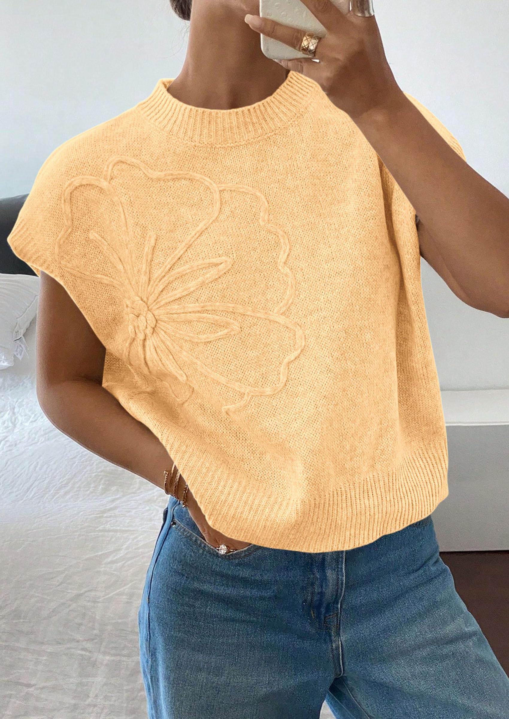 Women's Summer Short Cap Sleeve Sweater Vest (Yellow,S)