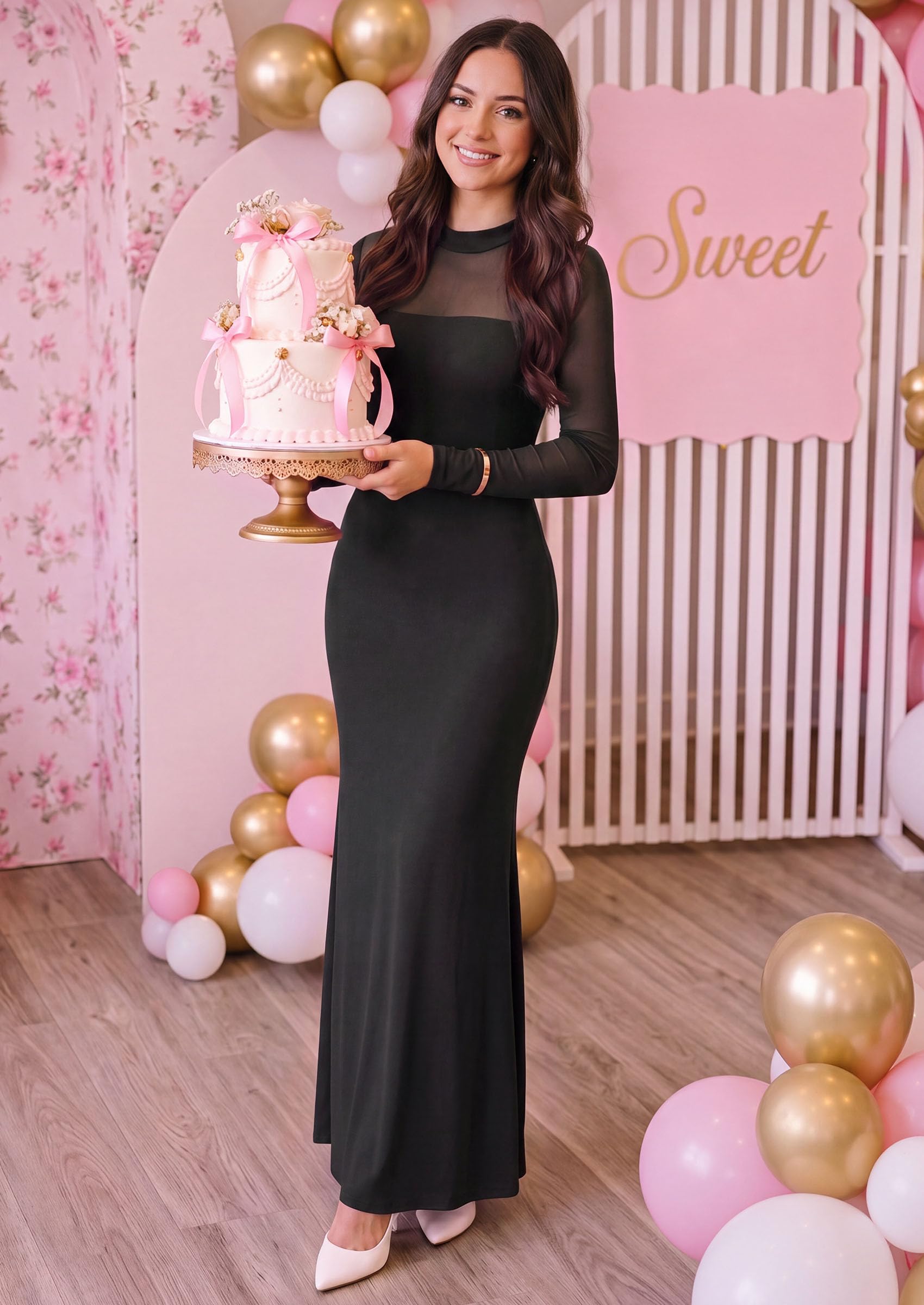 Women's Long Sleeve Formal Mesh Fall Wedding Guest Maxi Dress
