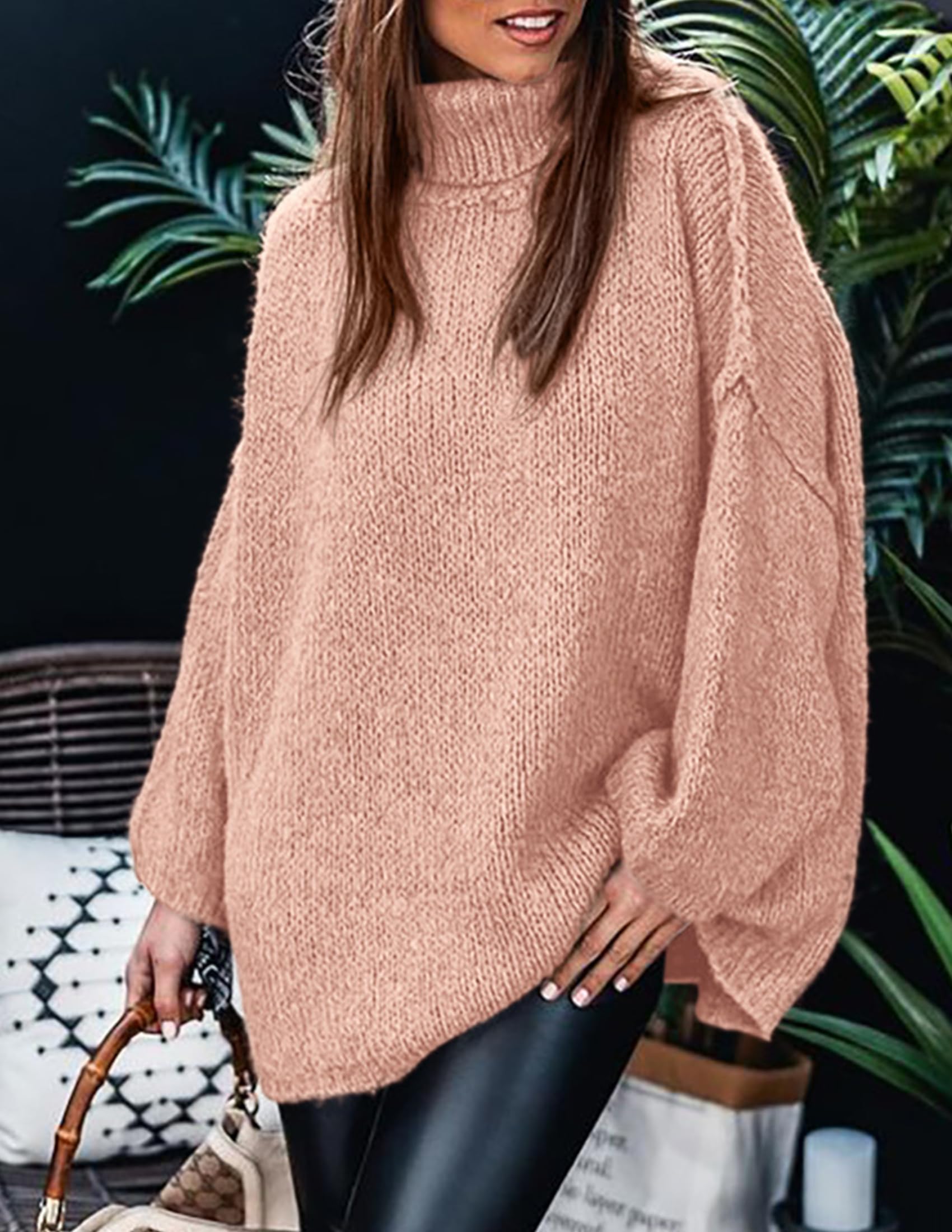 Womens Turtleneck Long Sleeve Oversized Sweaters,Light Pink,S