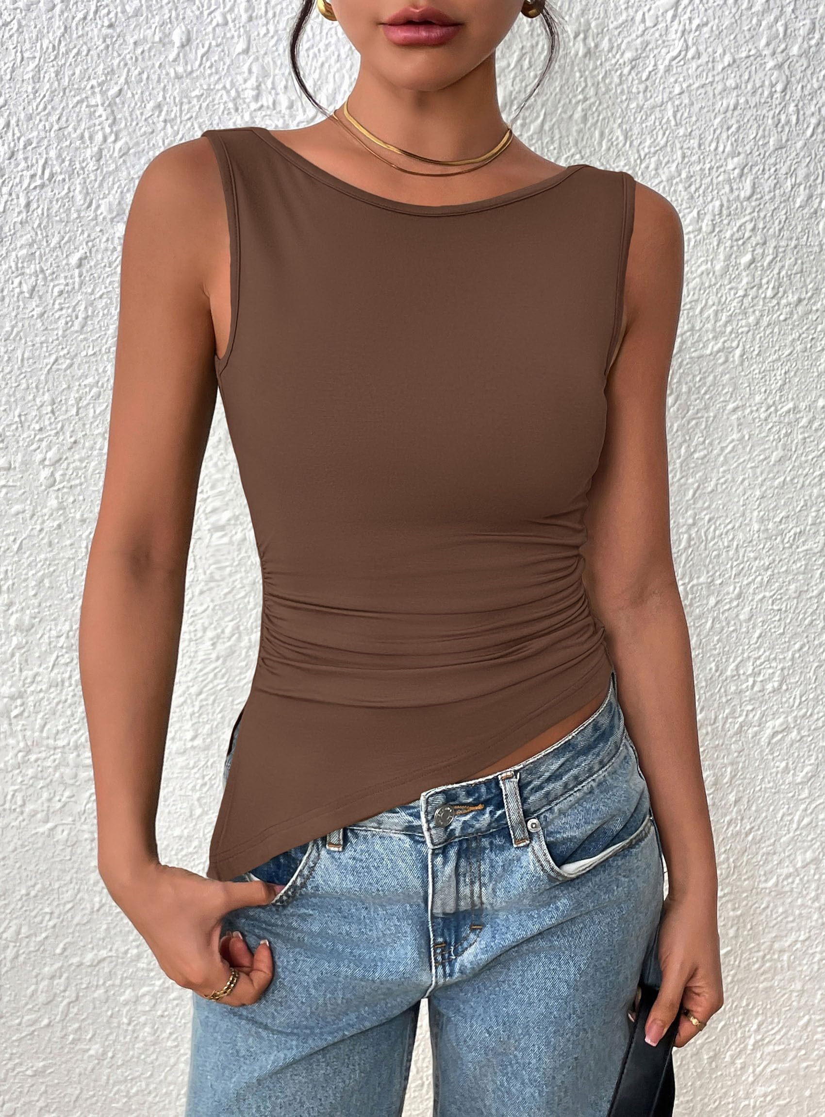 Women's Ruched Tank Tops Summer Y2K Shirts,Coffee,S