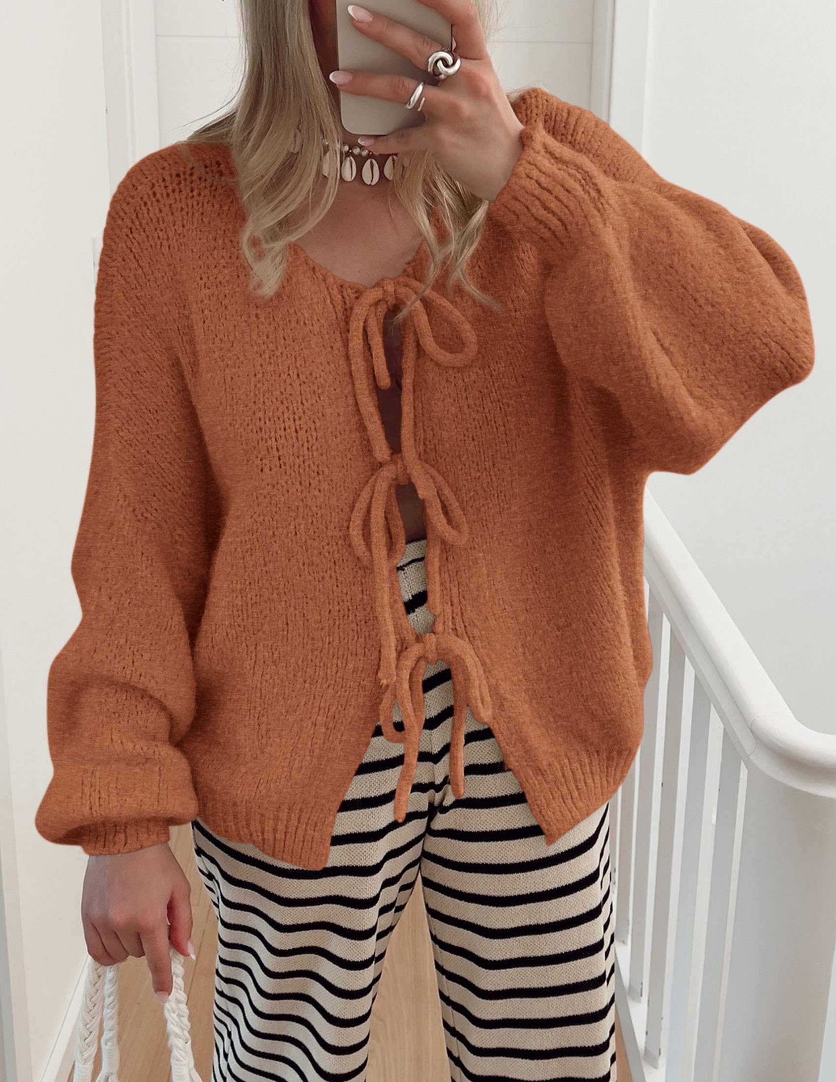 Women's Tie Front Bow Cardigan Sweaters(Brick Red,Small)