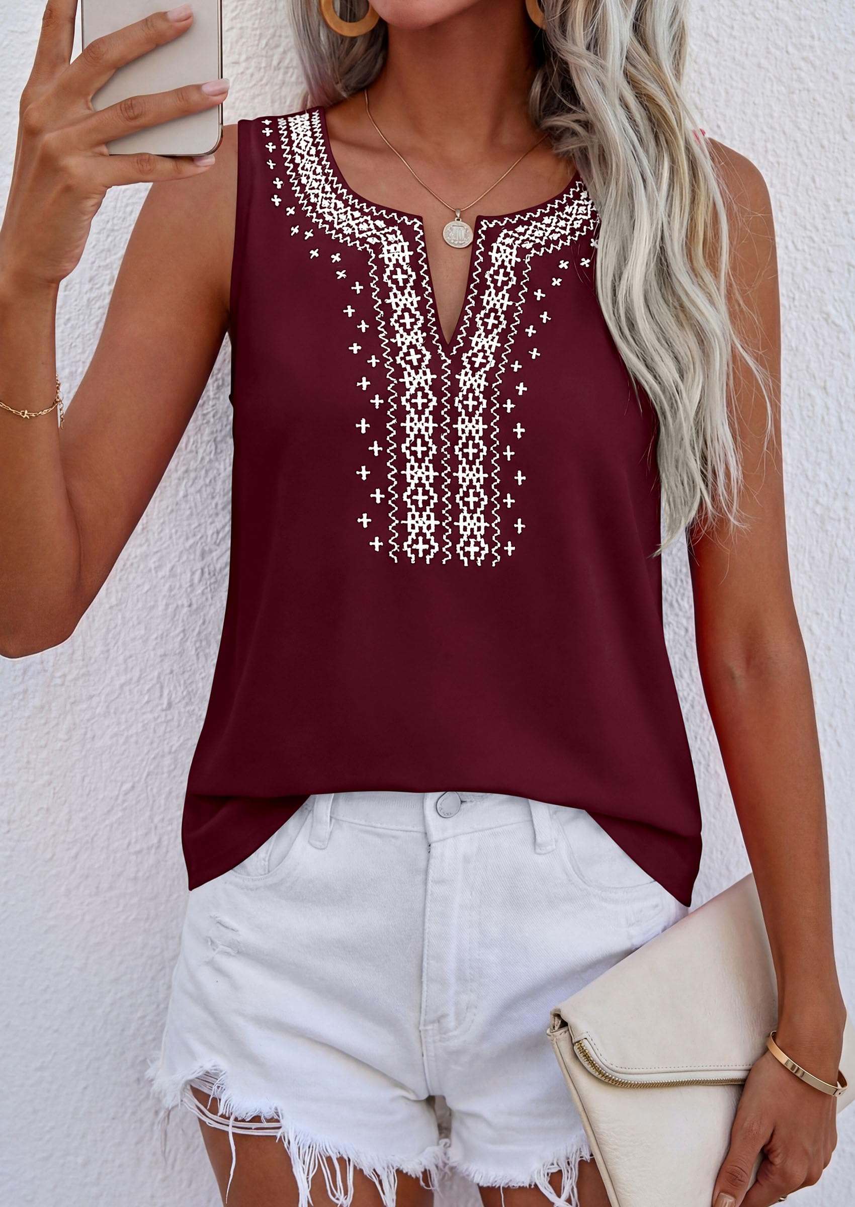 Womens Embroidered Sleeveless Tank Tops Wine Red,S