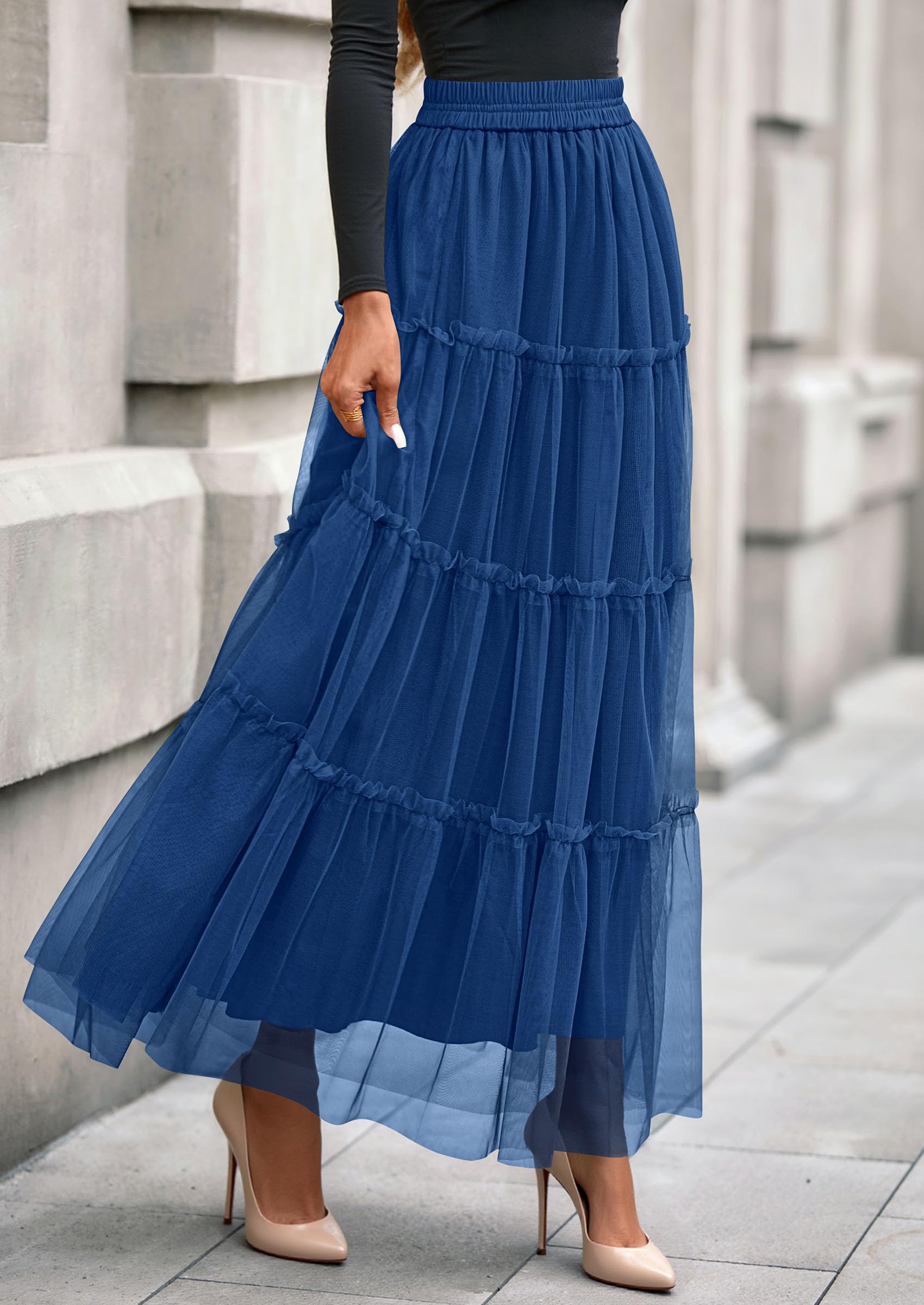 Women's Fall Soft Tulle Tiered Long Skirt,Blue,S