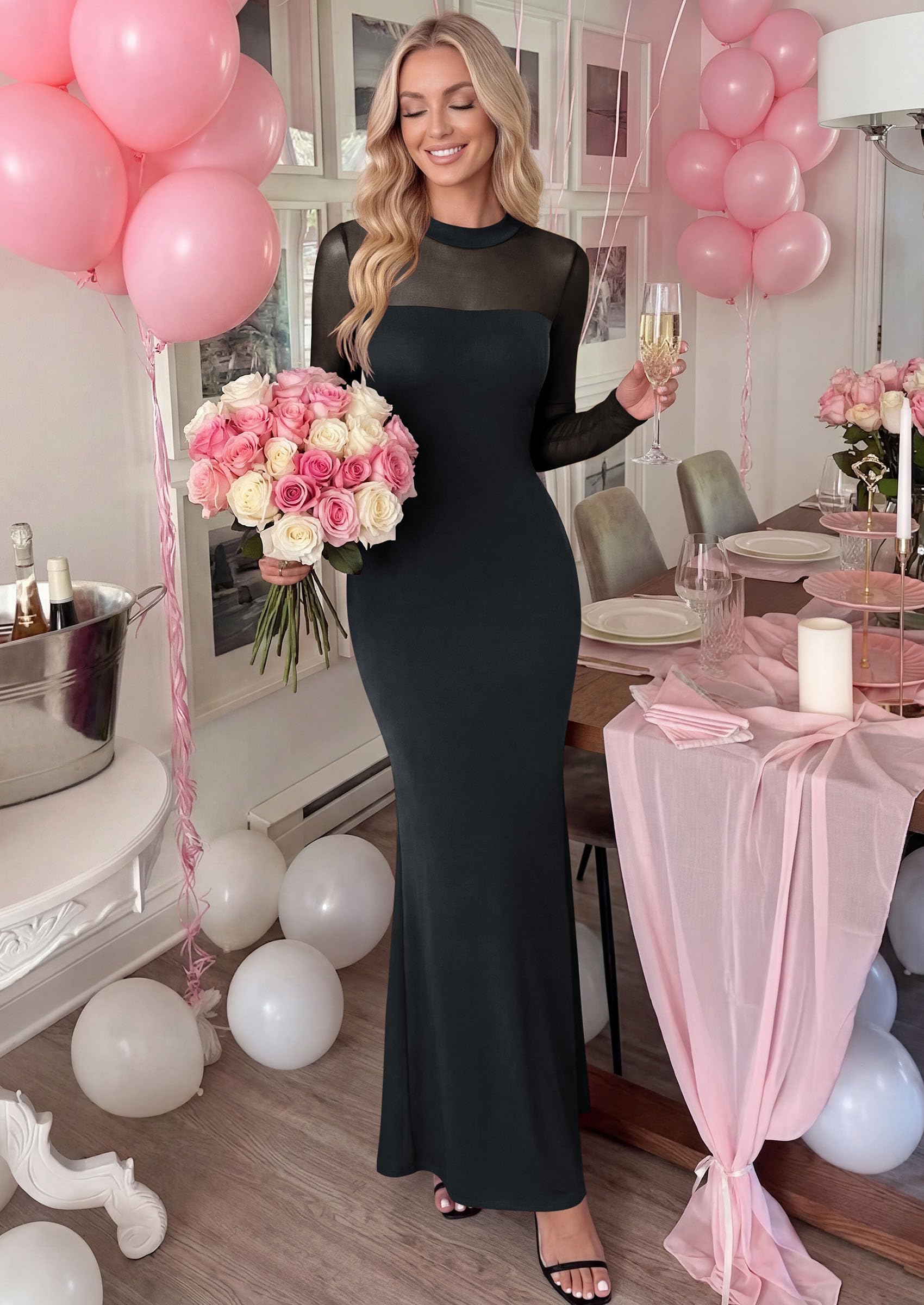 Women's Long Sleeve Formal Mesh Fall Wedding Guest Maxi Dress