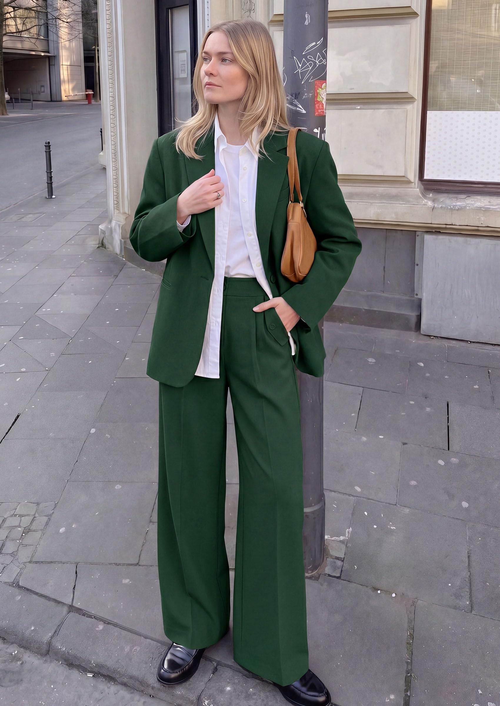 Women's Wide Leg Work Dress Pants Trousers (Dark Green,S)