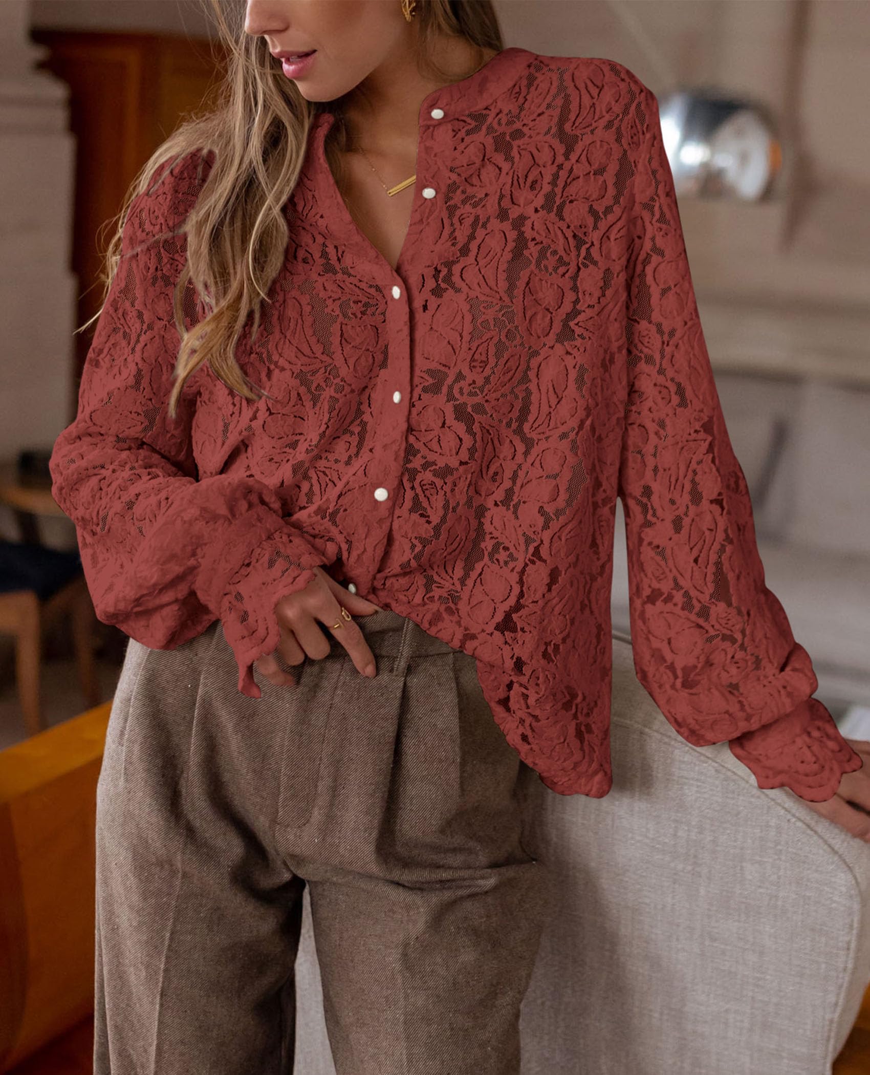 Women's Fall Trendy Long Sleeve Lace Tops(Brown Red,Small)