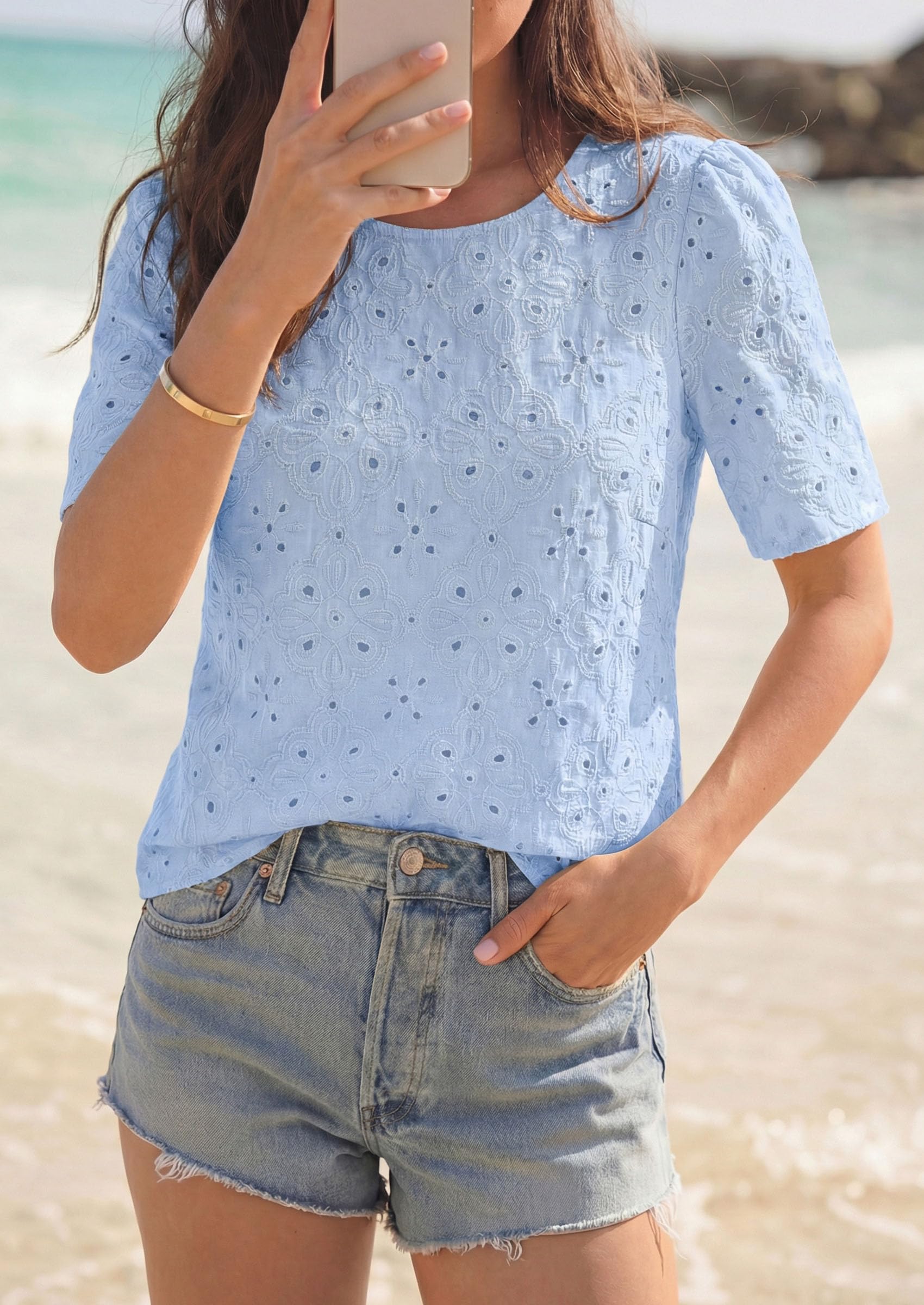 Women's Embroidered Eyelet Short Sleeve Blouse, Light Blue,L