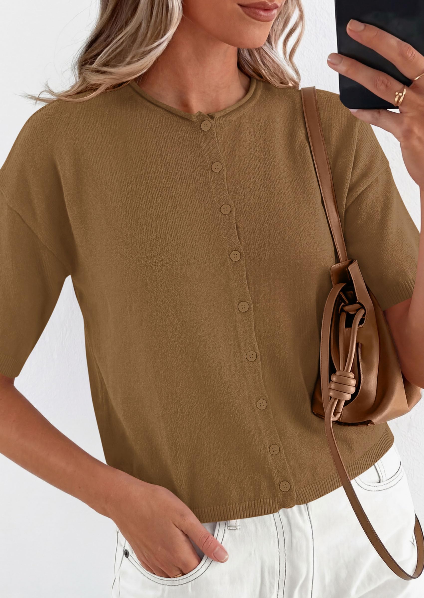 Women's Short Sleeve Cardigan Sweaters (Dark Khaki,Small)