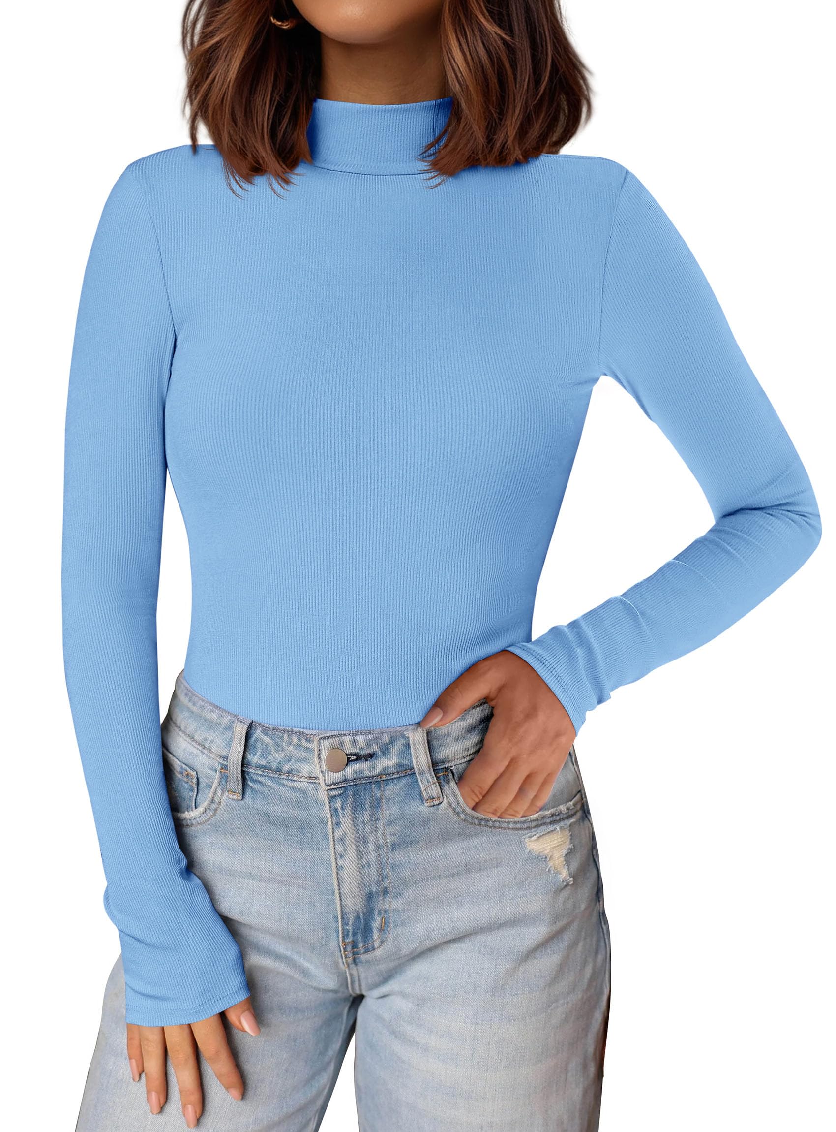 Womens Mock Turtleneck Fall Long Sleeve Shirts,Light Blue,S