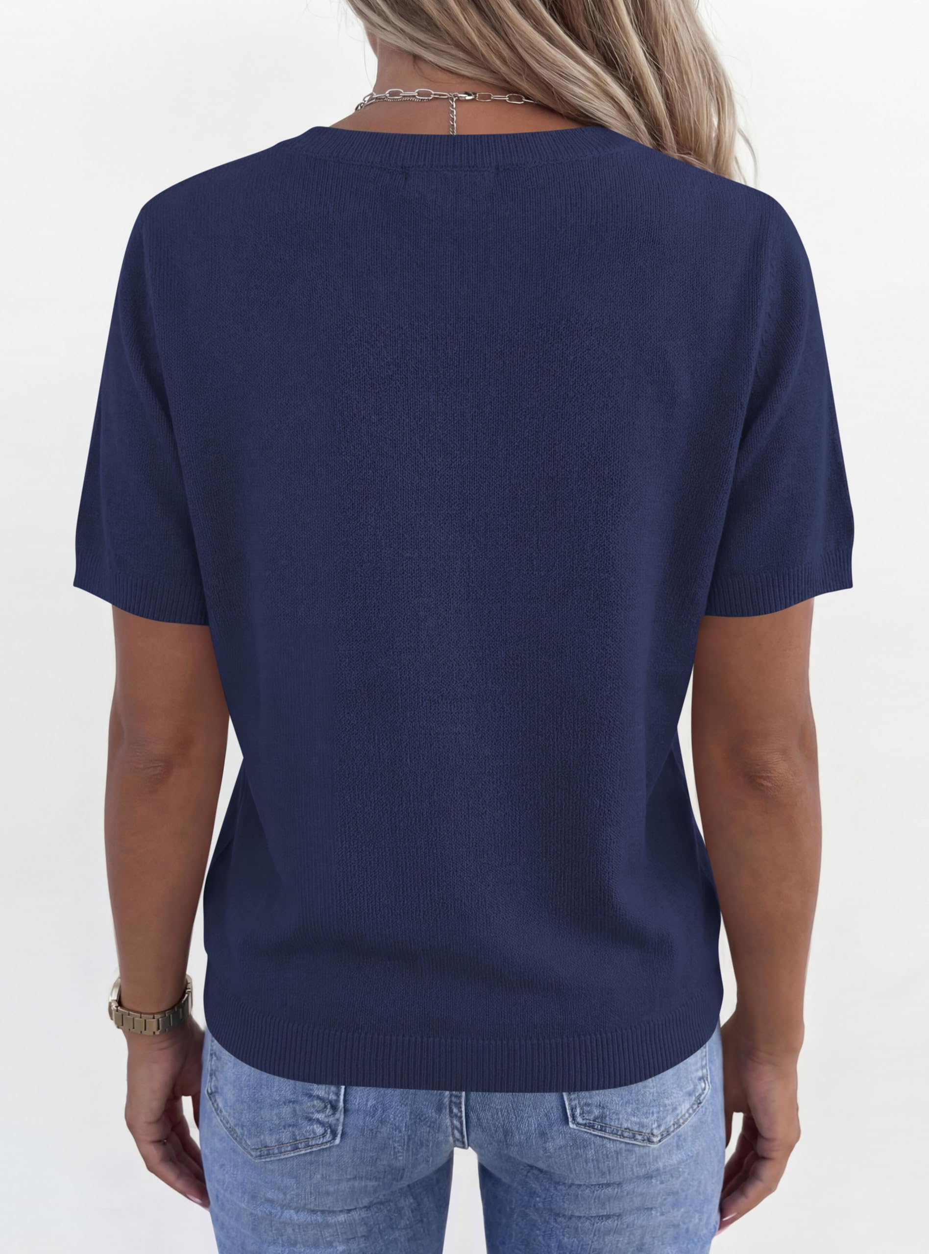 Womens Short Sleeve Sweater V Neck Tops,Navy Blue,S