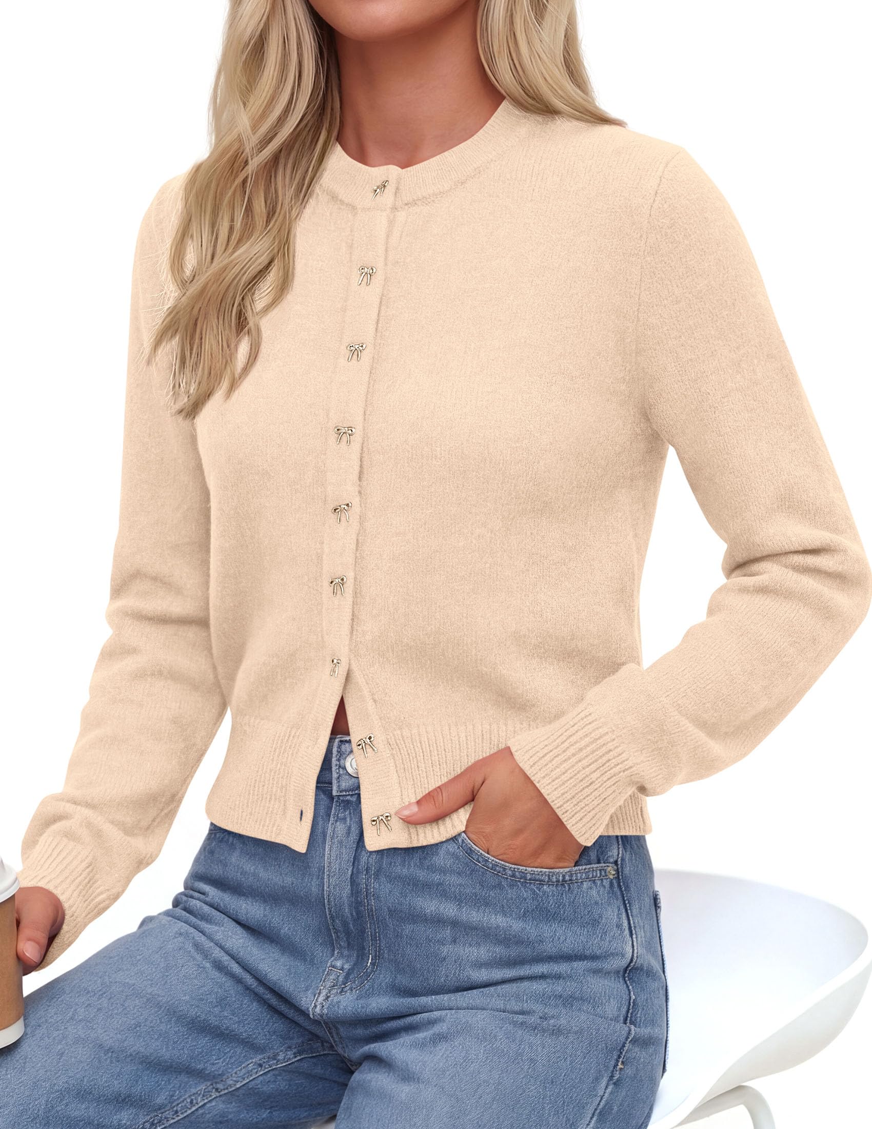 Cardigan Sweaters for Women Cropped Bow Button Up Cardigan