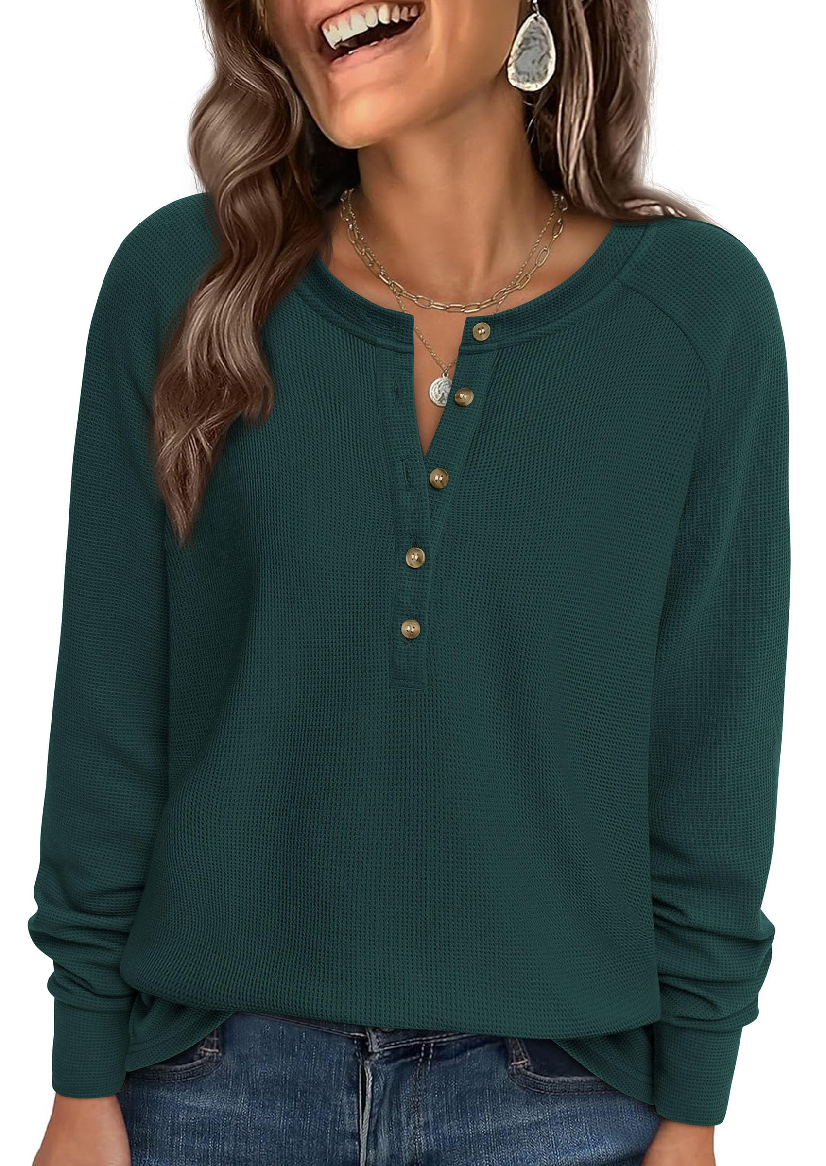 Women's Long Sleeve Waffle Knit Henley Shirts Loose Tunic Tops