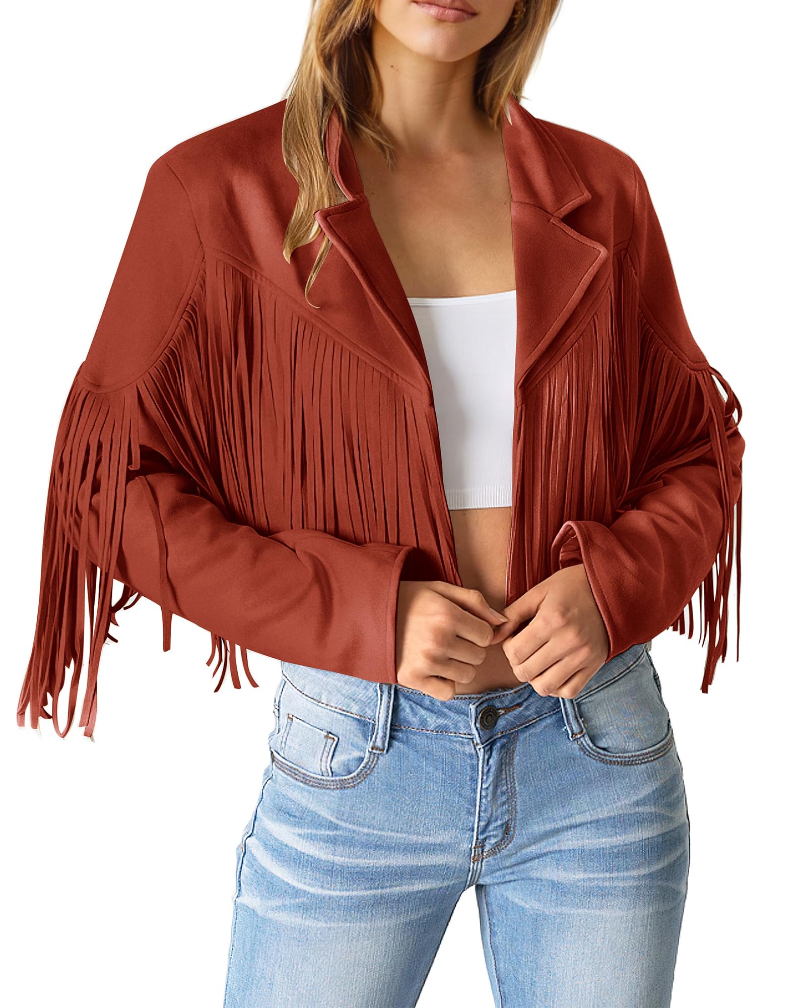 Women's Fringe Faux Suede Leather Jackets,Brick Red,S