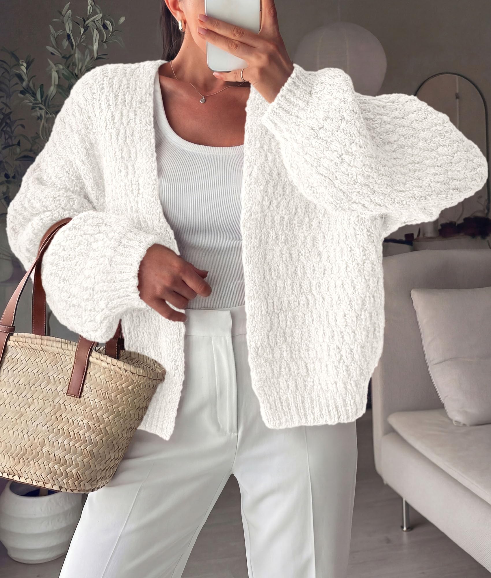 Women's Fall Cardigan Open Front Chunky Sweaters White S